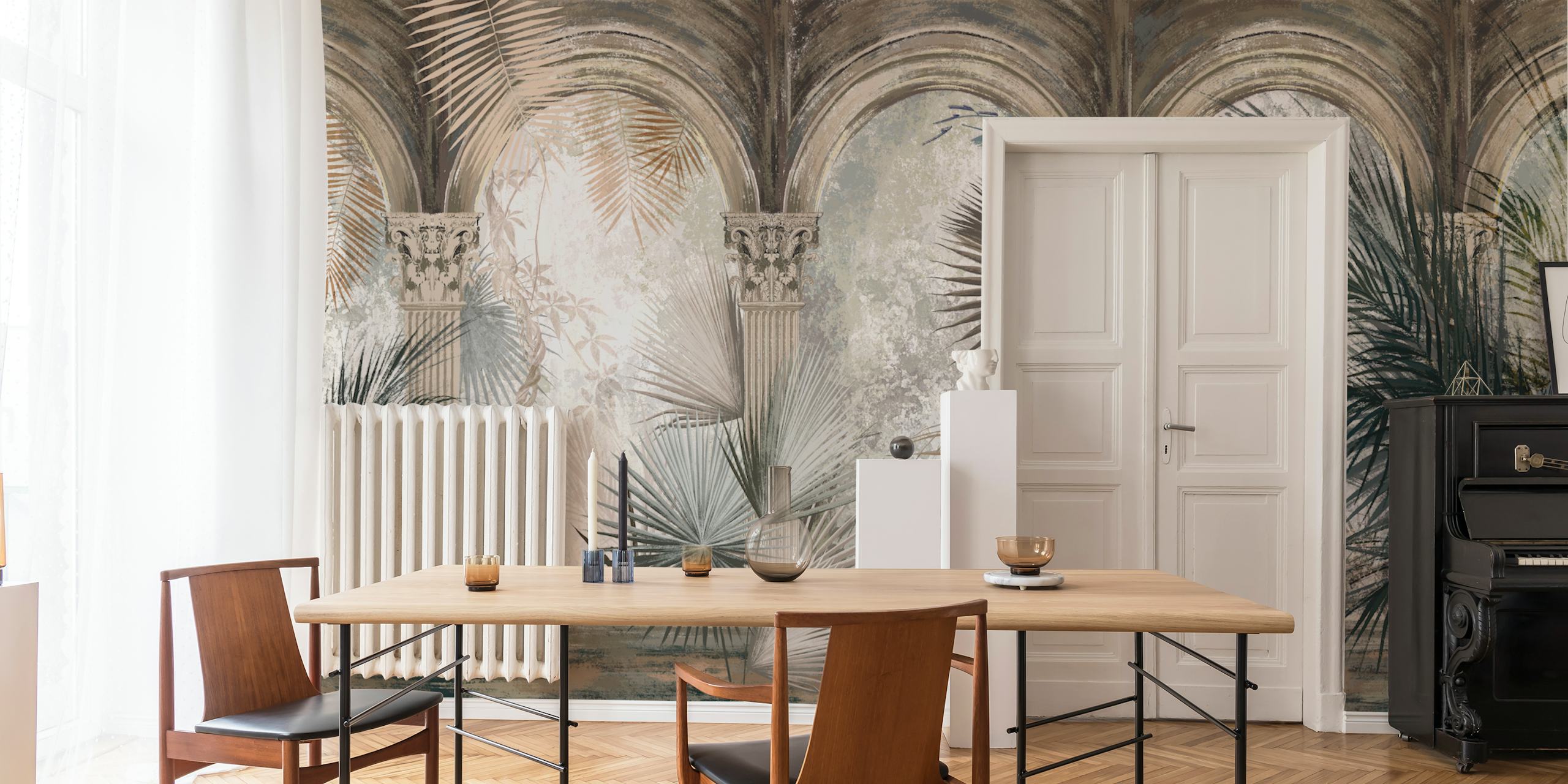 Columns with palm leaves in soft earthy tones wallpaper