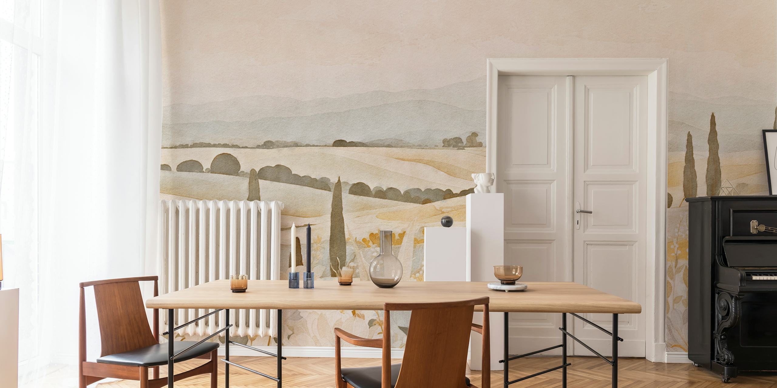 Soft landscape with hills and flowers in beige pastel colors wallpaper