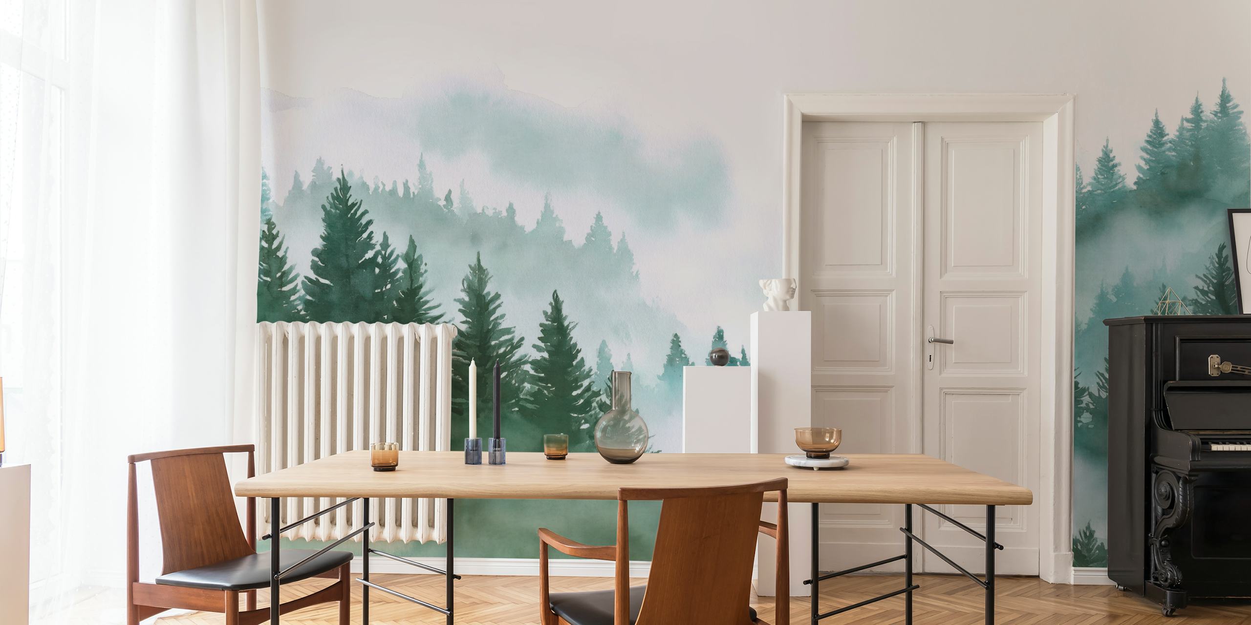 Papel de parede Mystical Pine Forest Landscape em um quarto