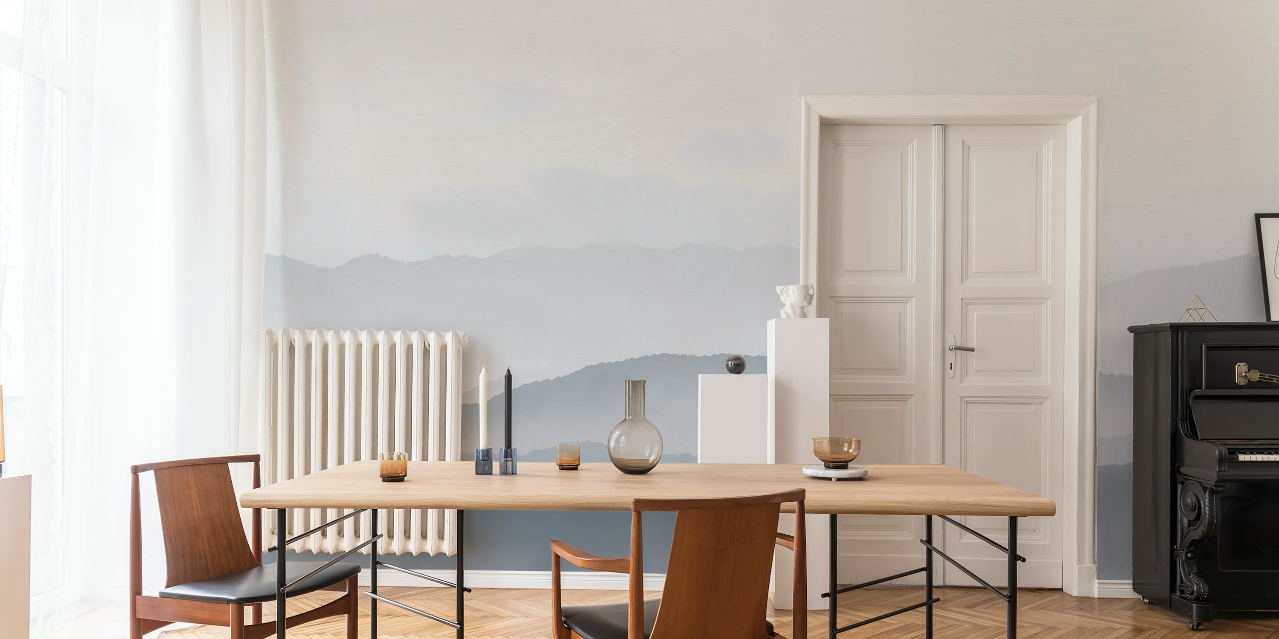 Misty mountain landscape wallpaper in a room