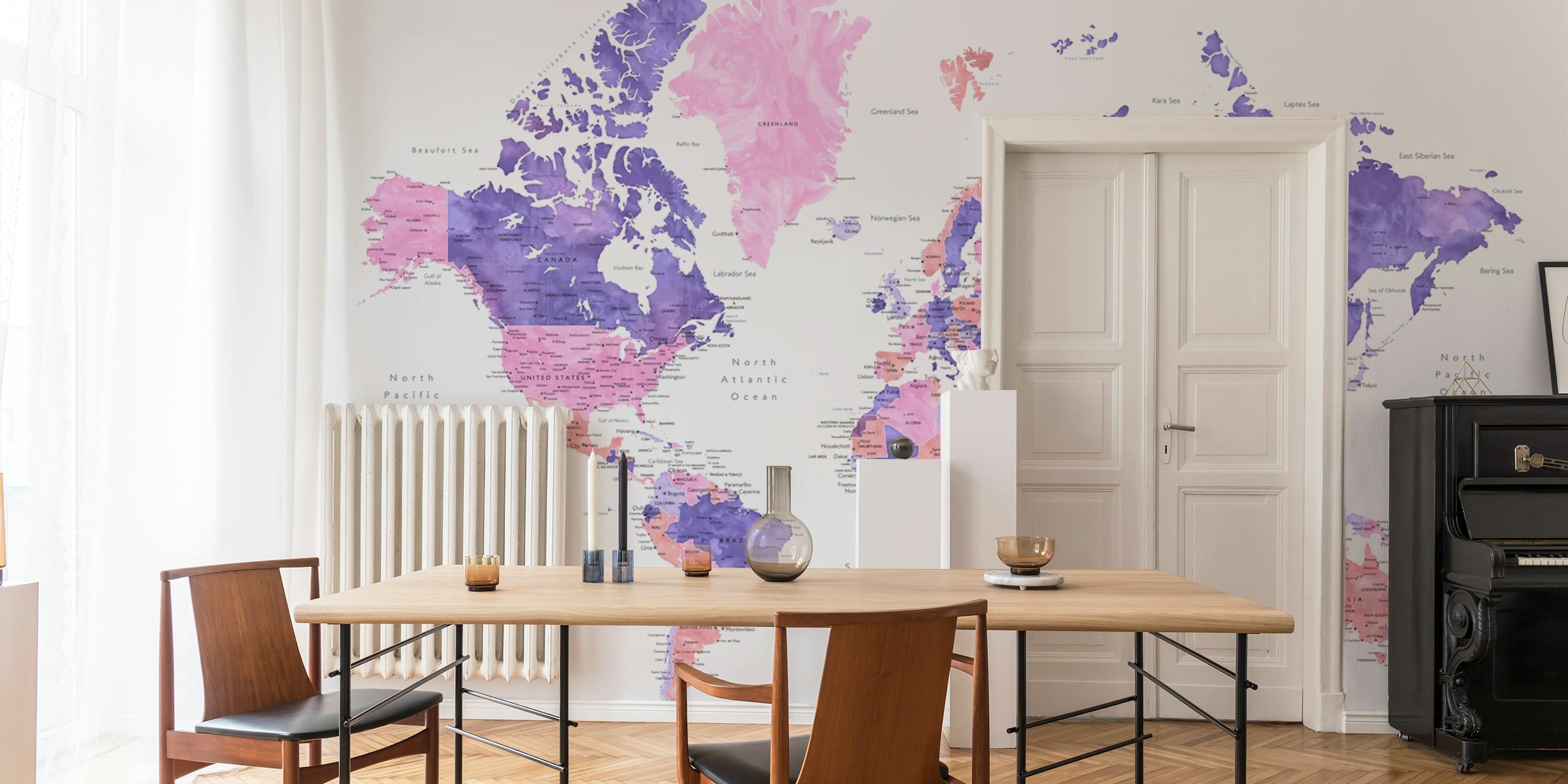 Artistic Brandie world map with cities wall mural in vibrant colors