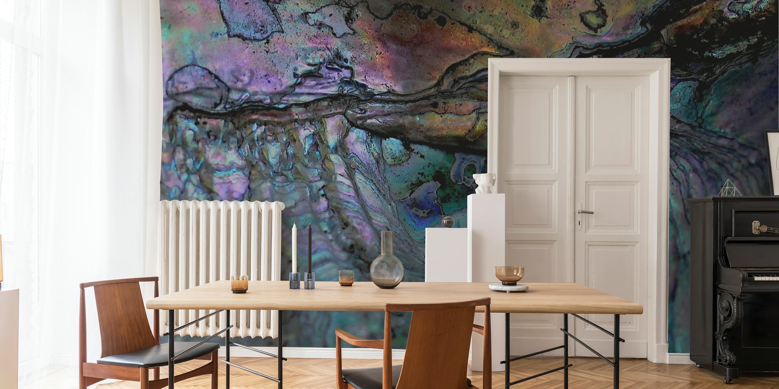 Colorful iridescent shell patterns in blue, green, and purple wallpaper