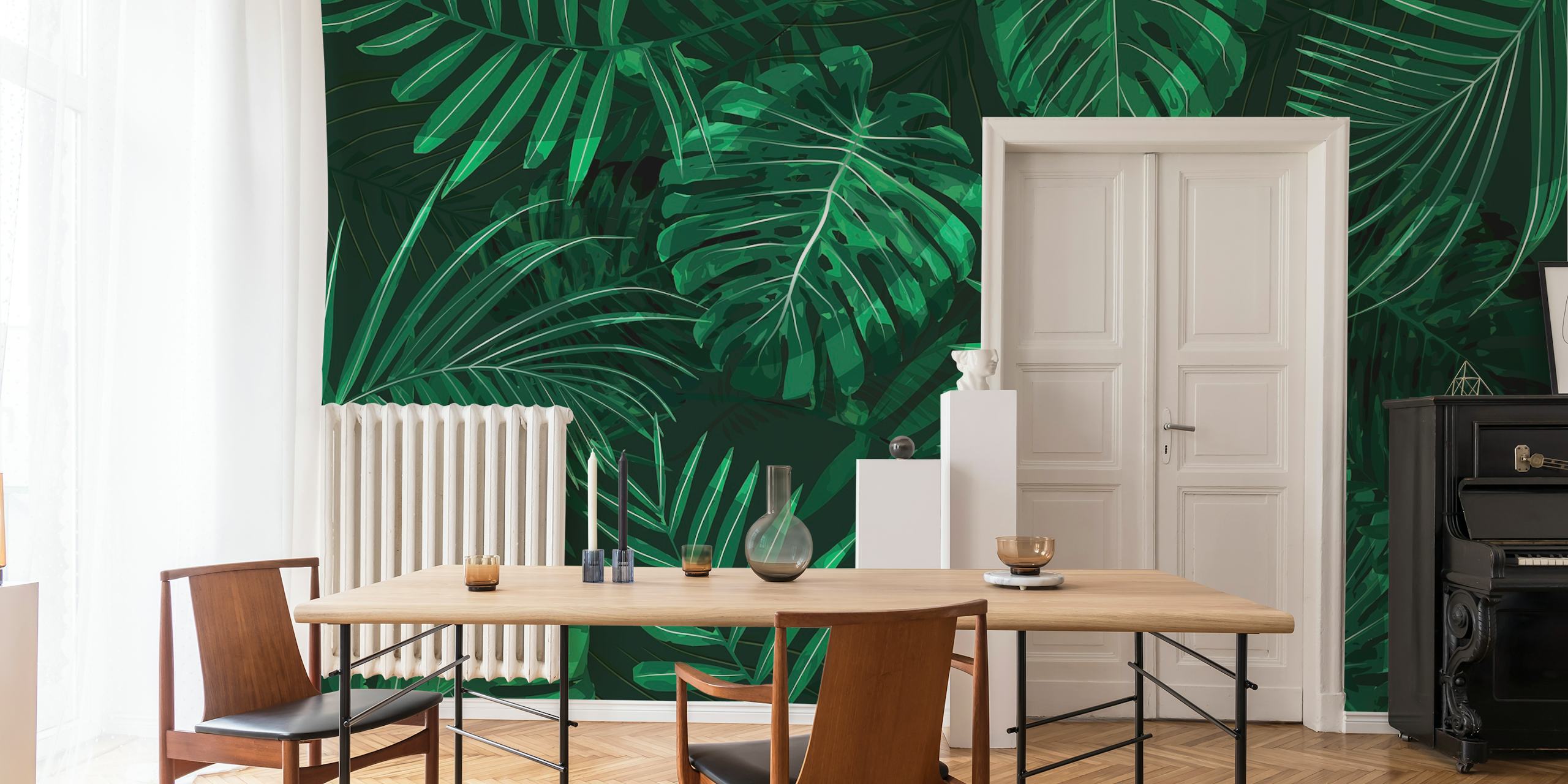 Tropical Monstera palm leaves in various shades of green wallpaper