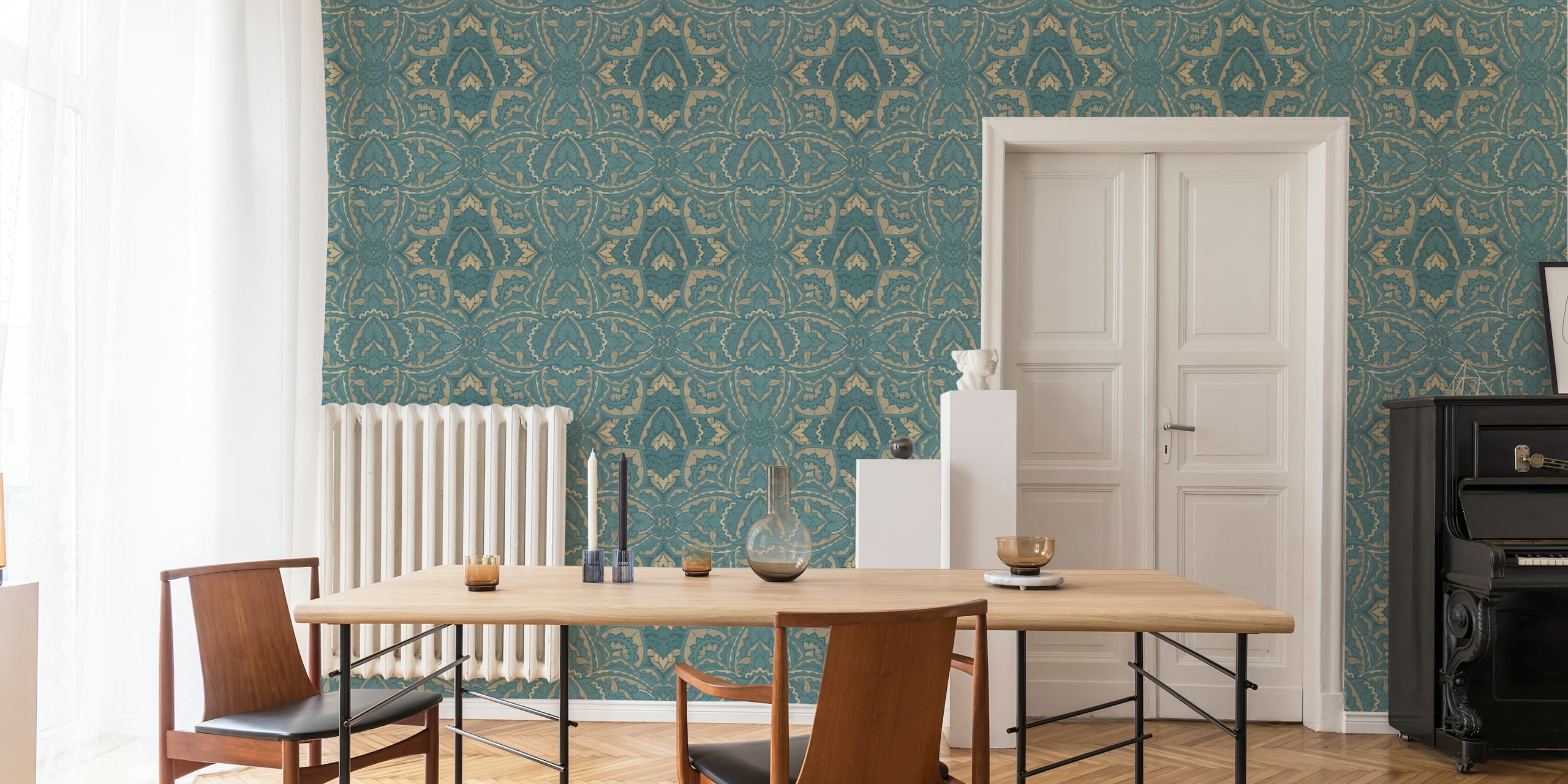 Art Deco Golden Teal wall mural with intricate golden patterns on a teal background
