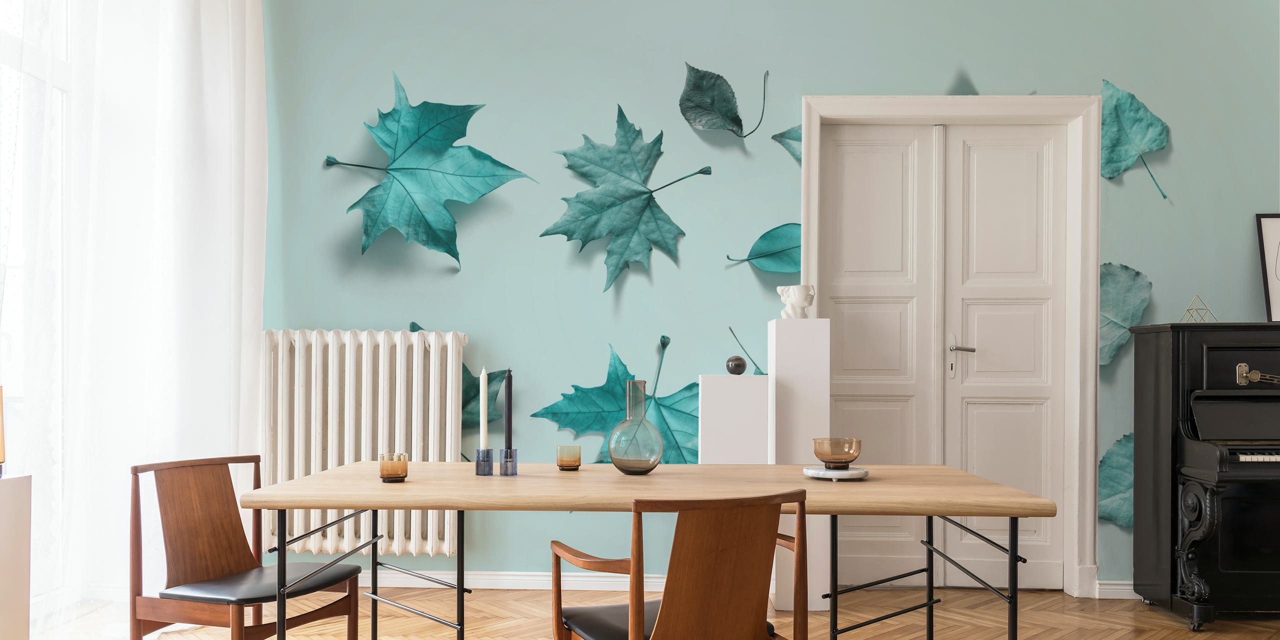 Light turquoise leaf wallpaper en una habitación