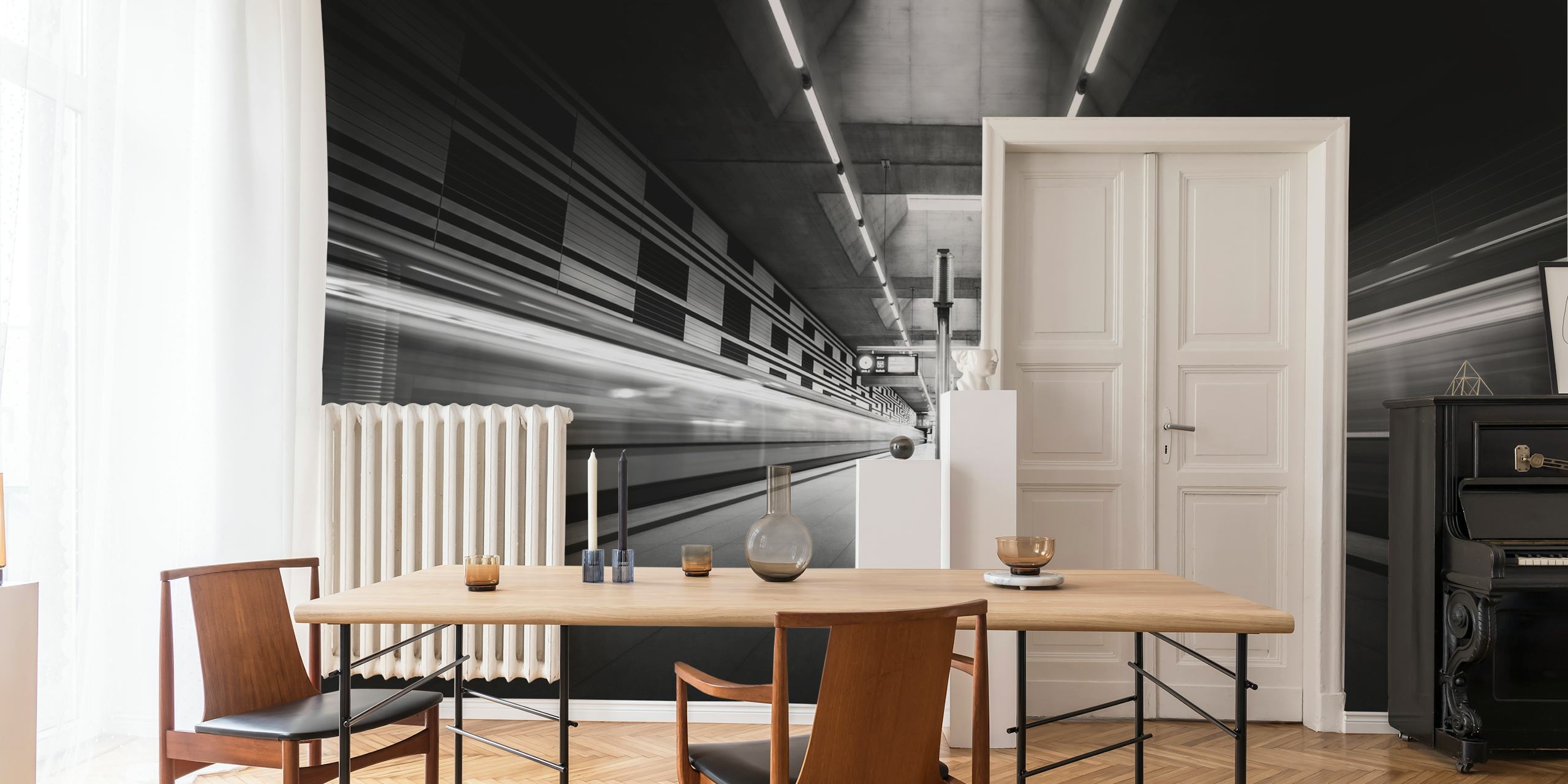 Black and white subway station wallpaper featuring dynamic lines and lights