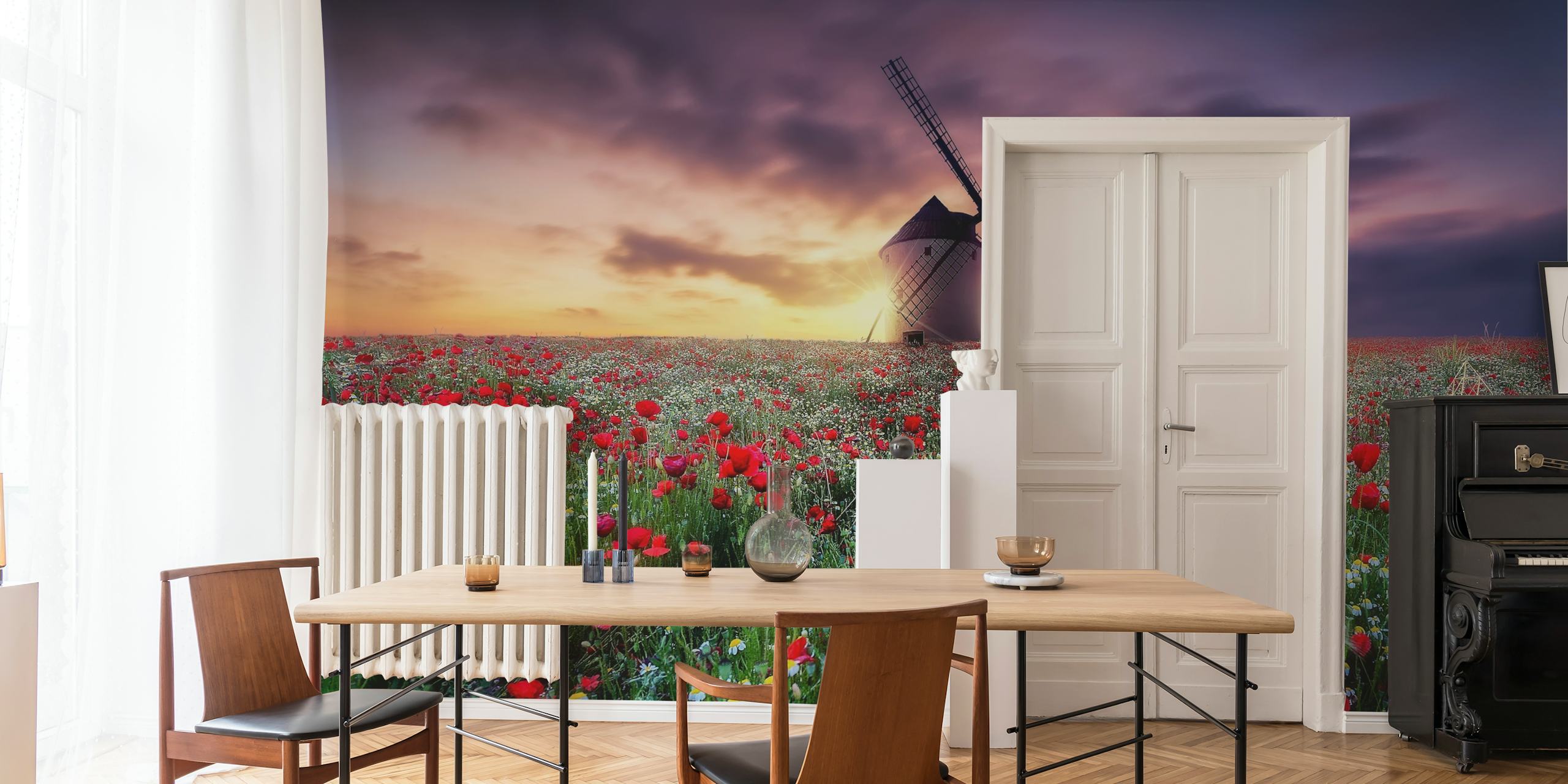 Spring landscape with windmill and colorful blooming flowers wallpaper