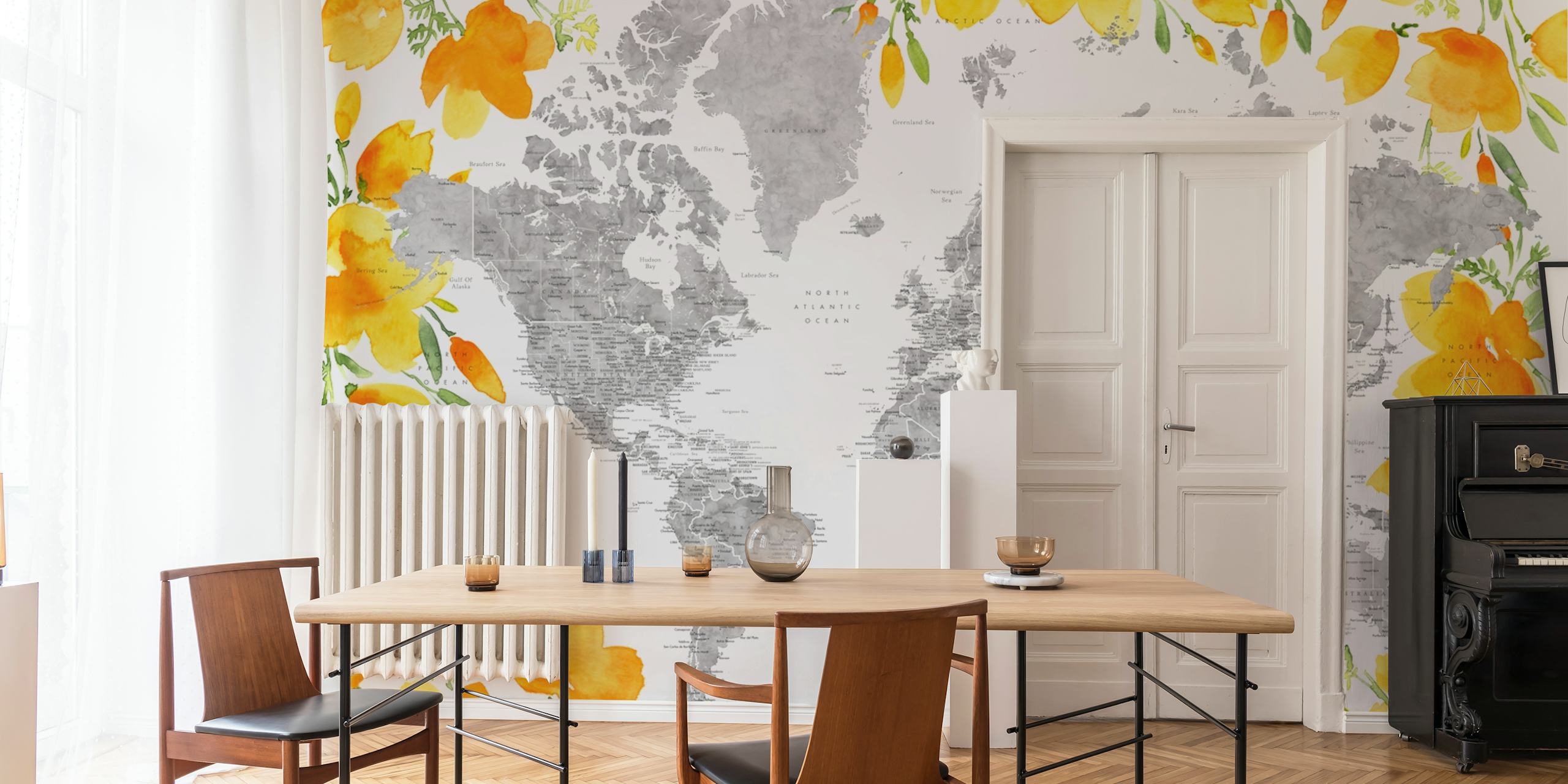 Detaillierte Weltkarte mit orangefarbenem Blumenrand Wandbild