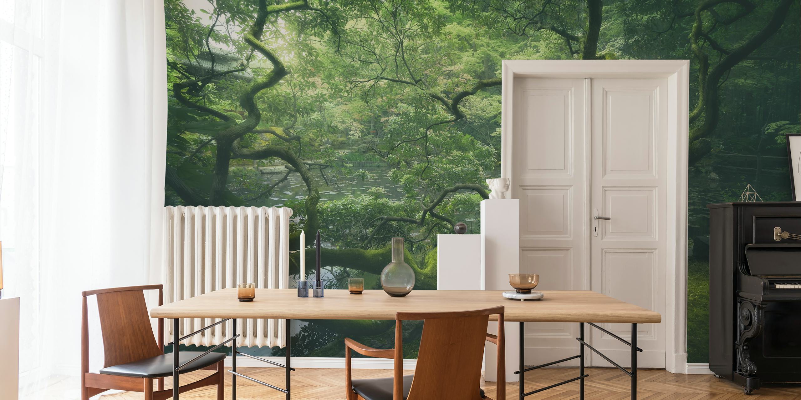 Japanese tree with twisting branches and lush greenery wallpaper