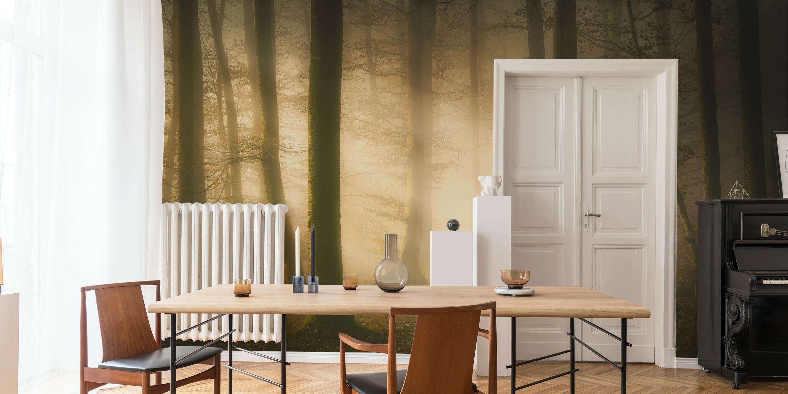 Misty autumn forest wall mural with sunlight filtering through trees