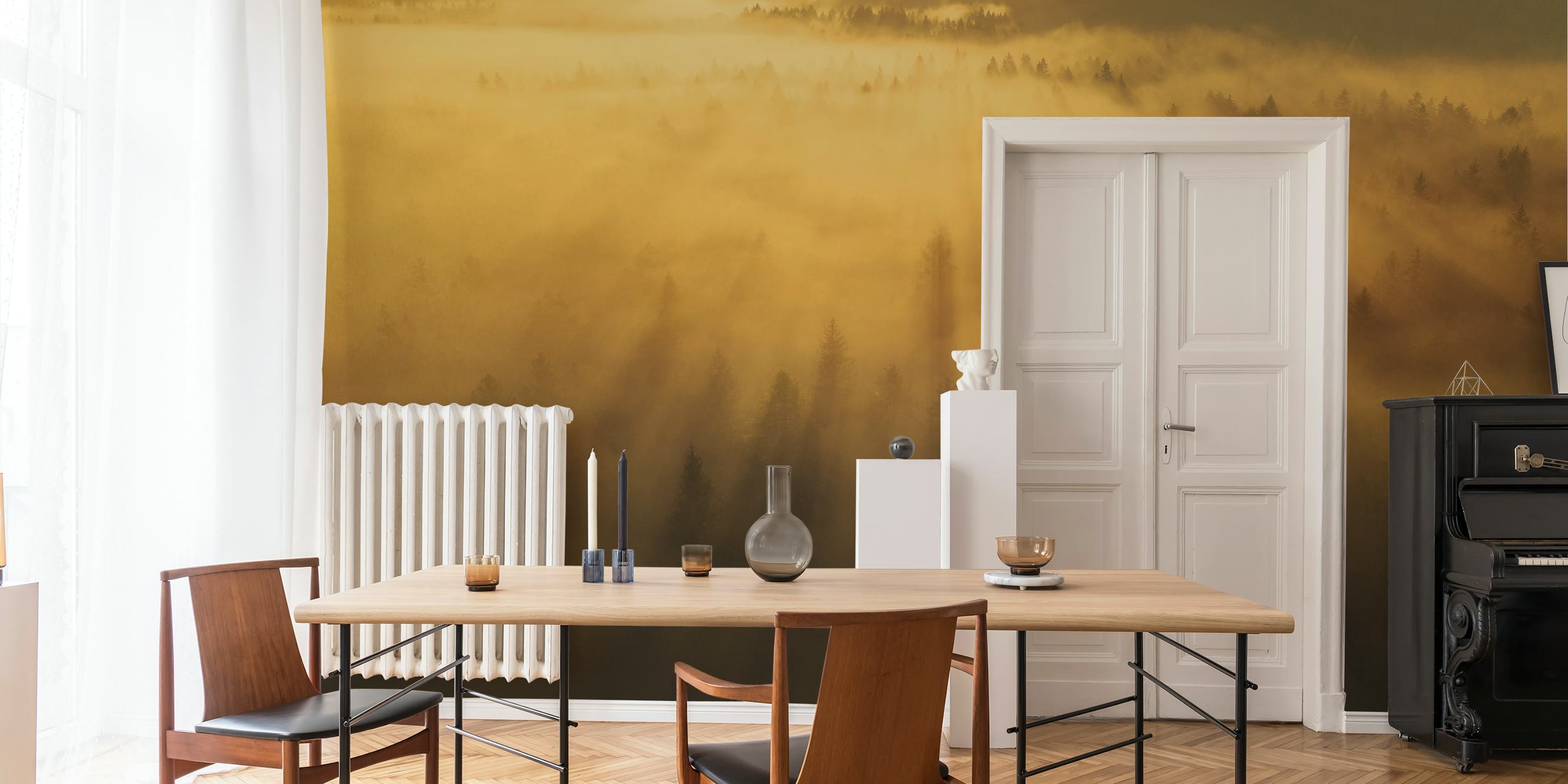 Sunlit forest morning wall mural with golden light and tree shadows