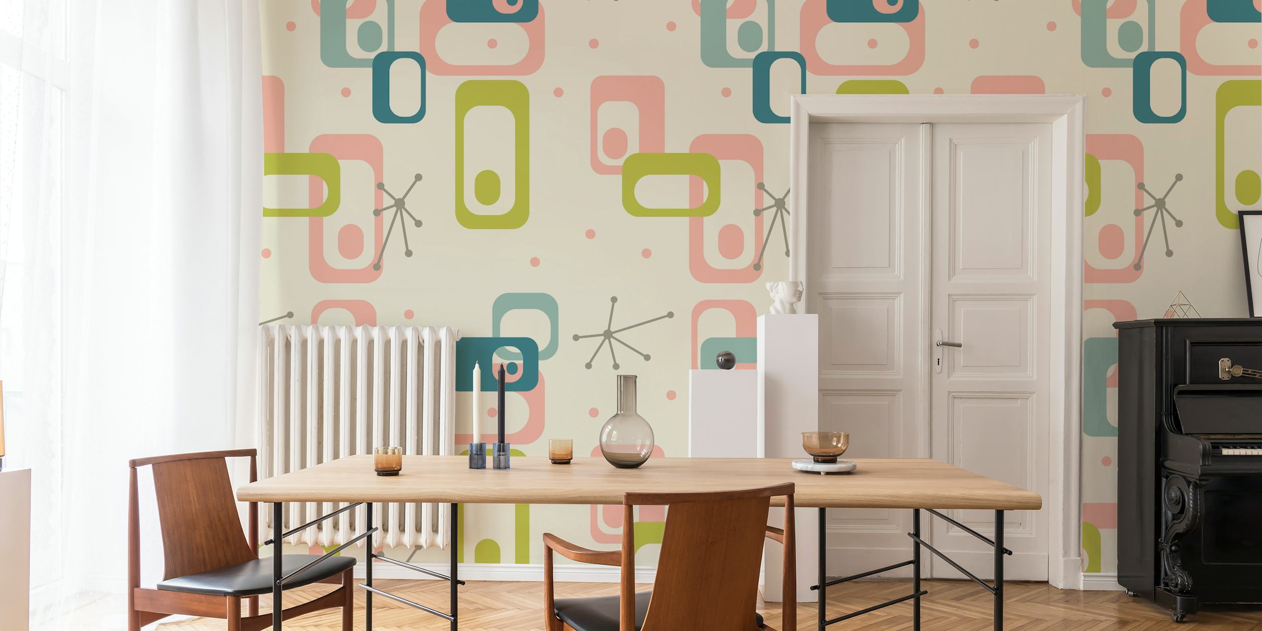Geometric shapes in pastel colors on cream background wallpaper
