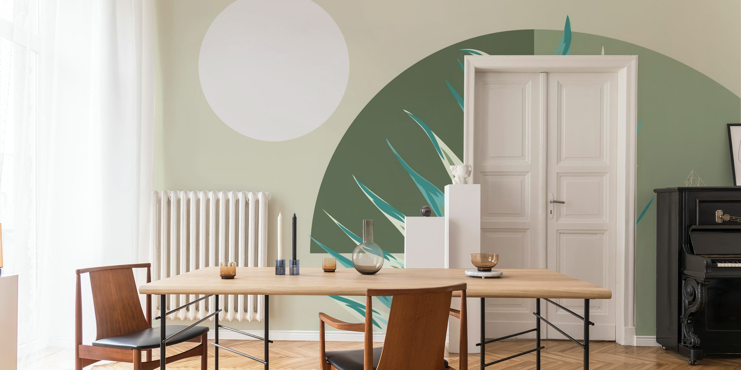 Moon and palm wallpaper displayed in a room
