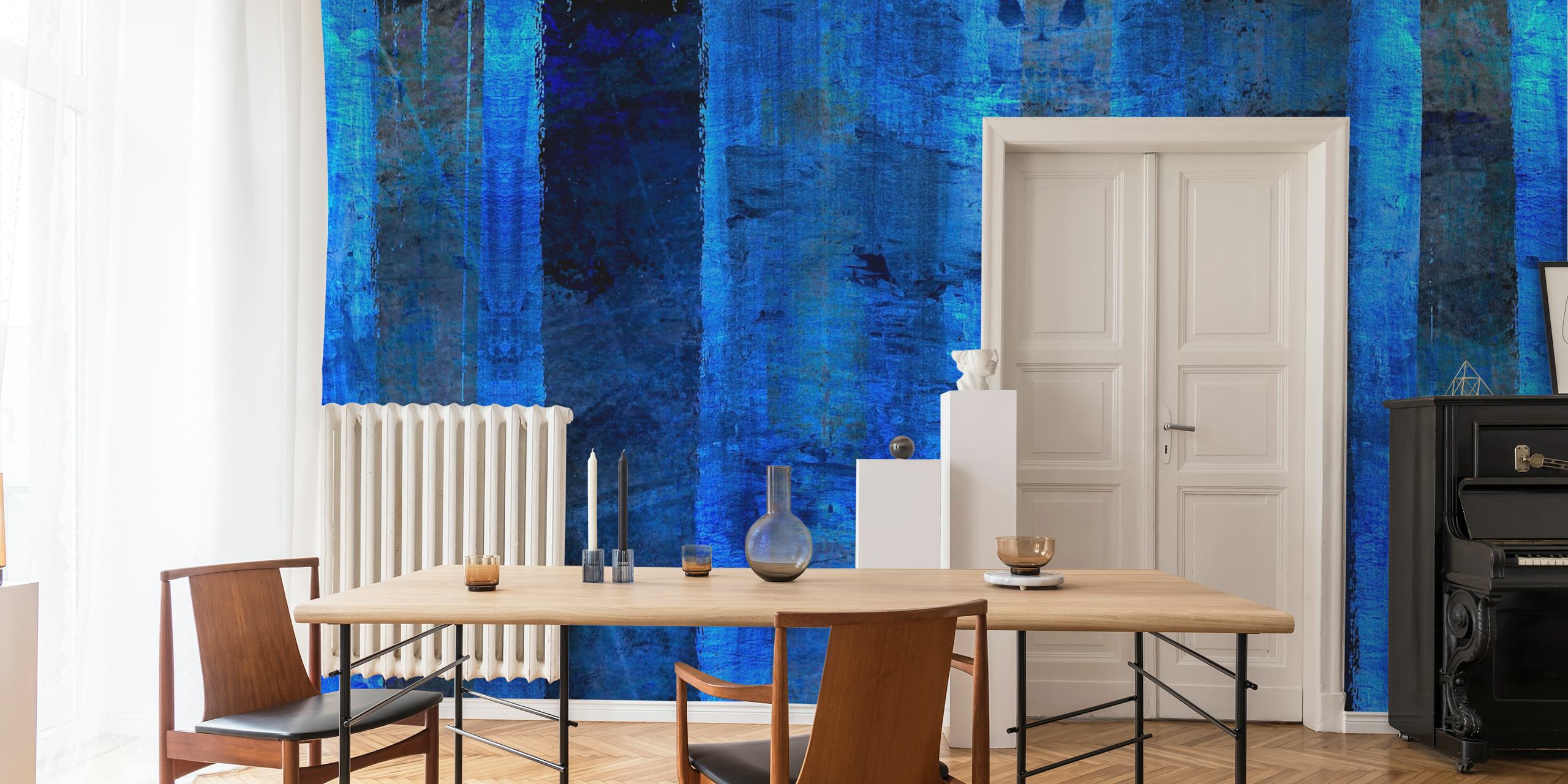 Ethereal indigo blue wall mural with abstract vertical streaks