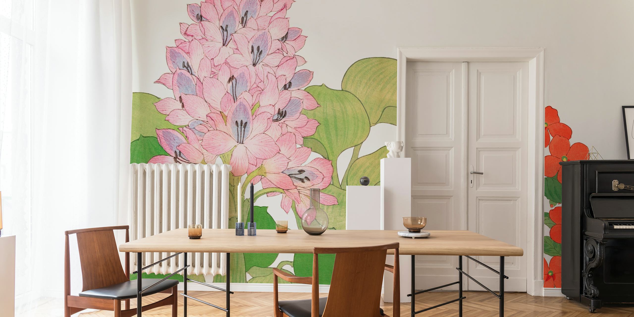 Pink and red tropical flowers with green leaves wallpaper