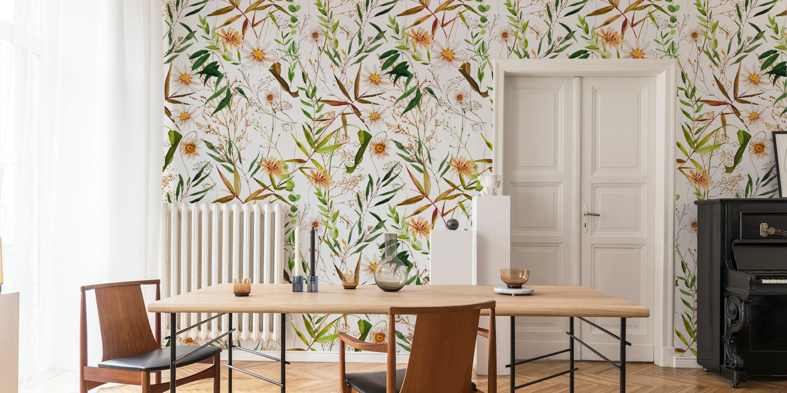 Botanical wallpaper featuring green leaves and white flowers