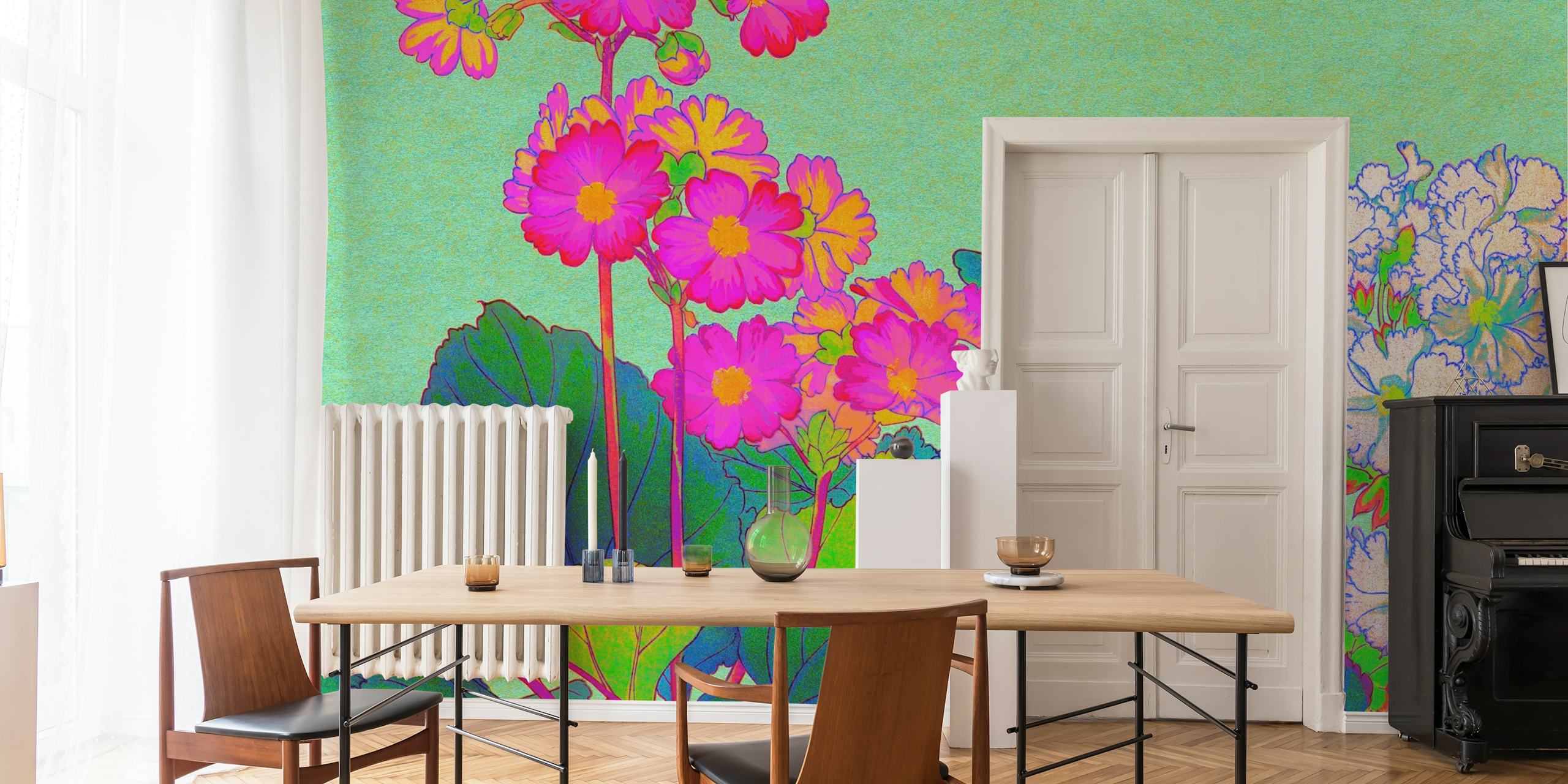 Vibrant pink and white floral wallpaper featuring colorful flowers and green leaves