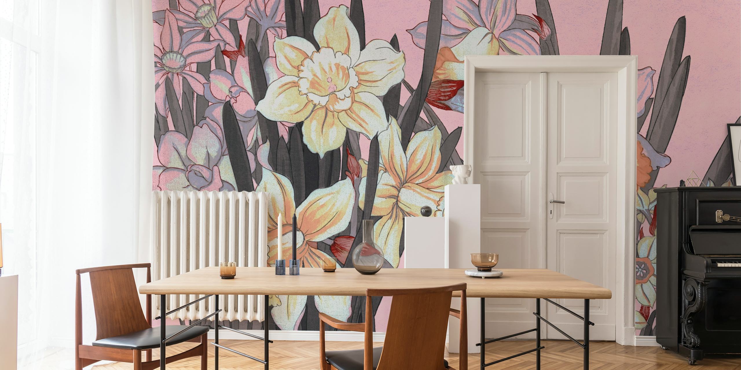 Scandinavian bloemenbehang op blush muur