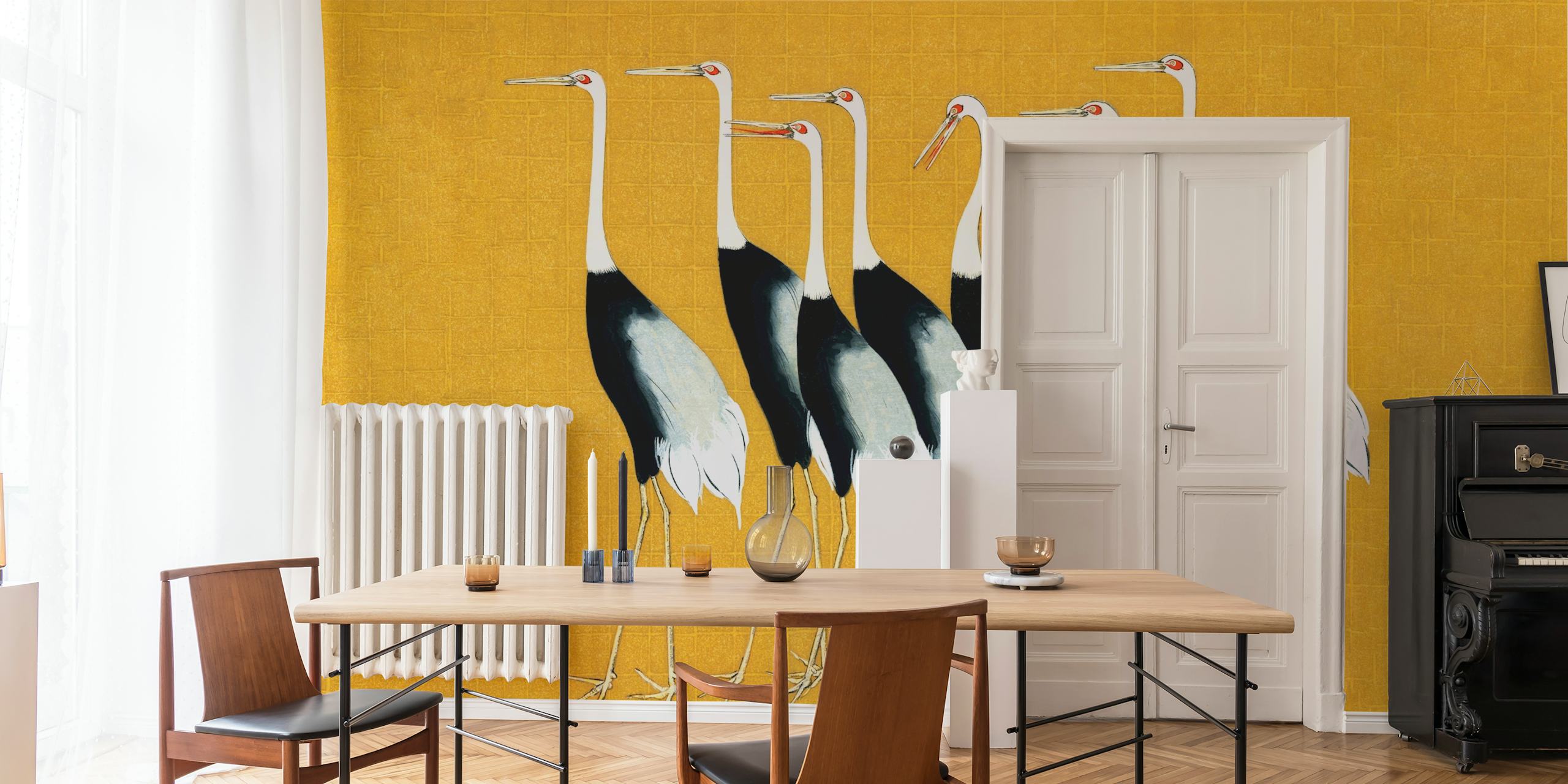 Japan Cranes on Mustard wallpaper in a room