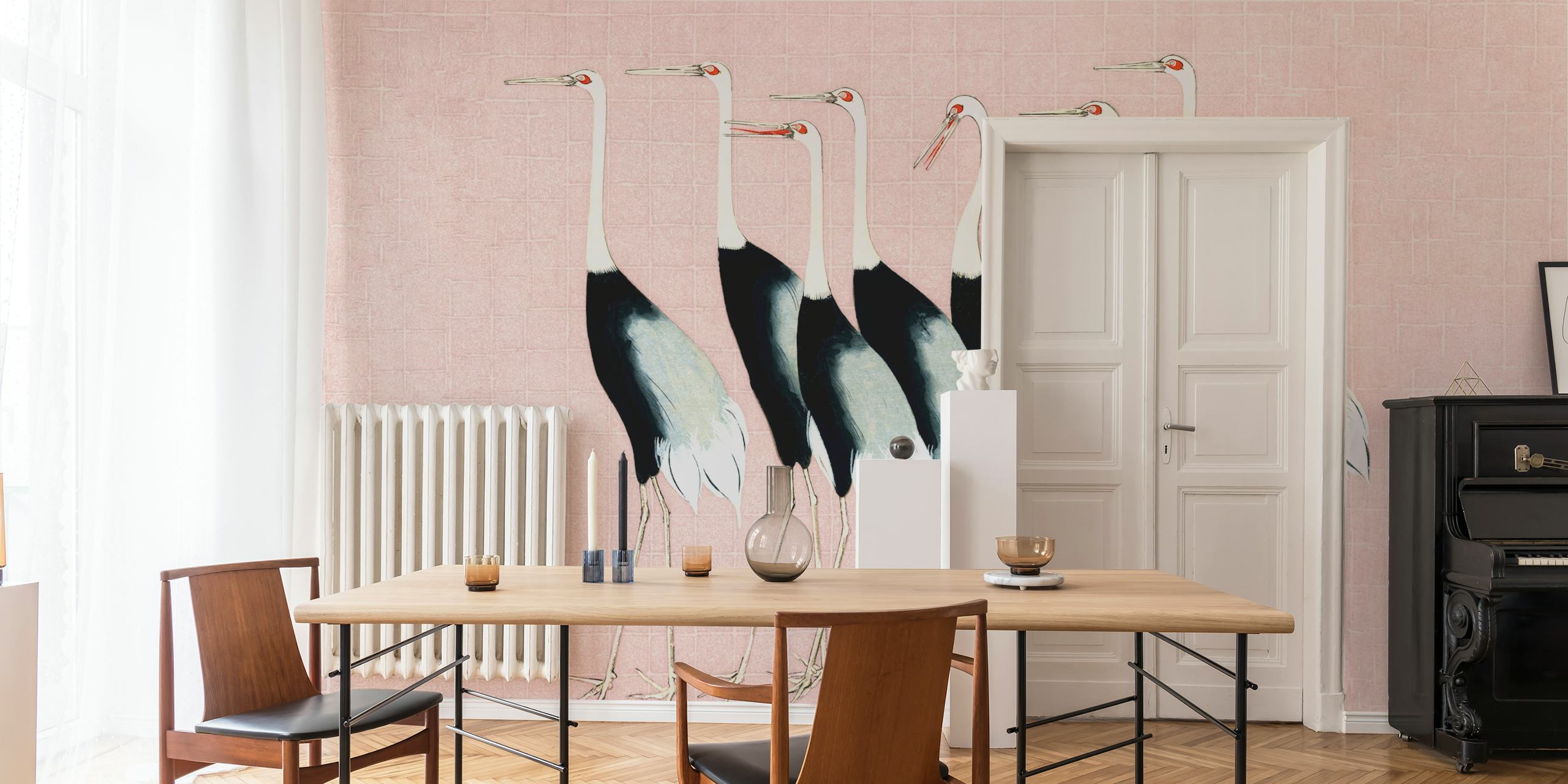 Japan Cranes on Blush Pink behang in een kamer
