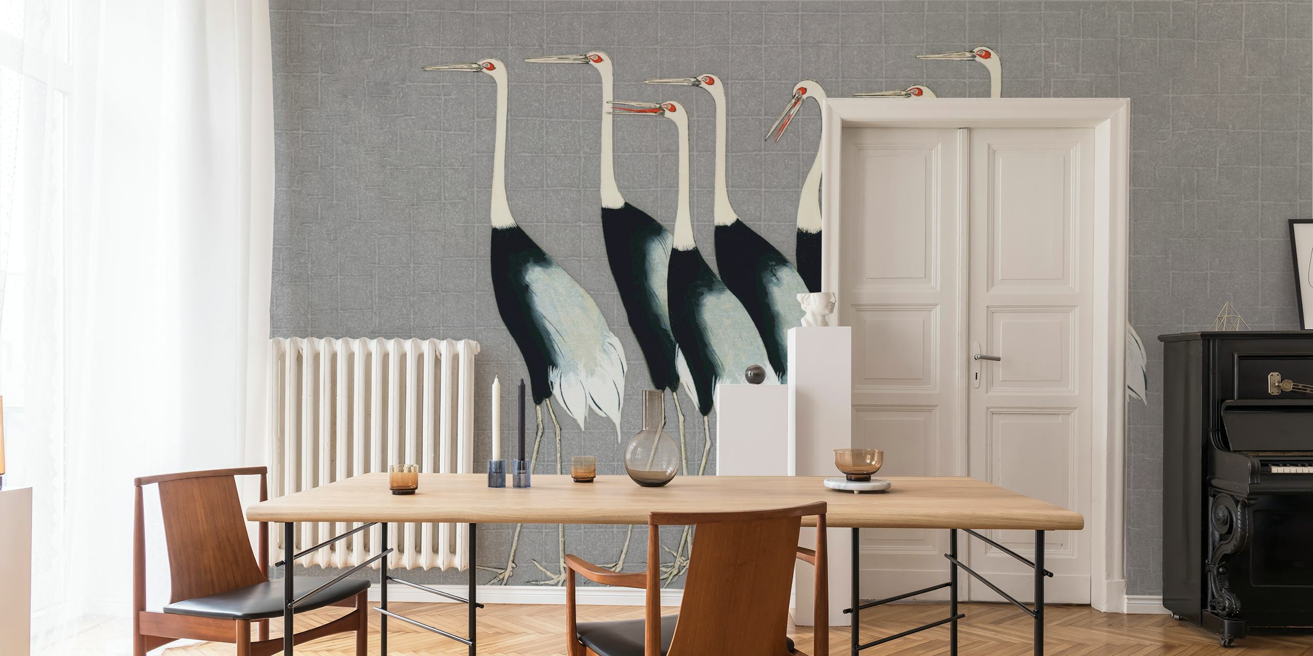 Japanese cranes in black and white on a grey background wallpaper