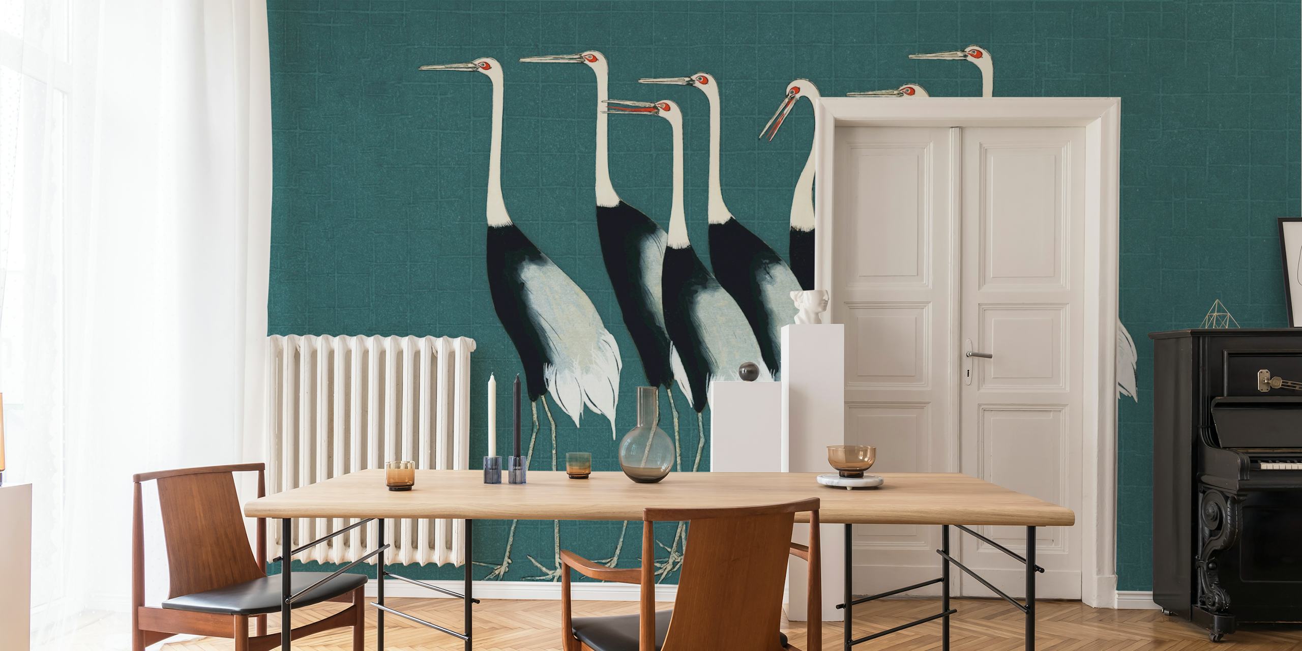 Japanese cranes wallpaper on teal background