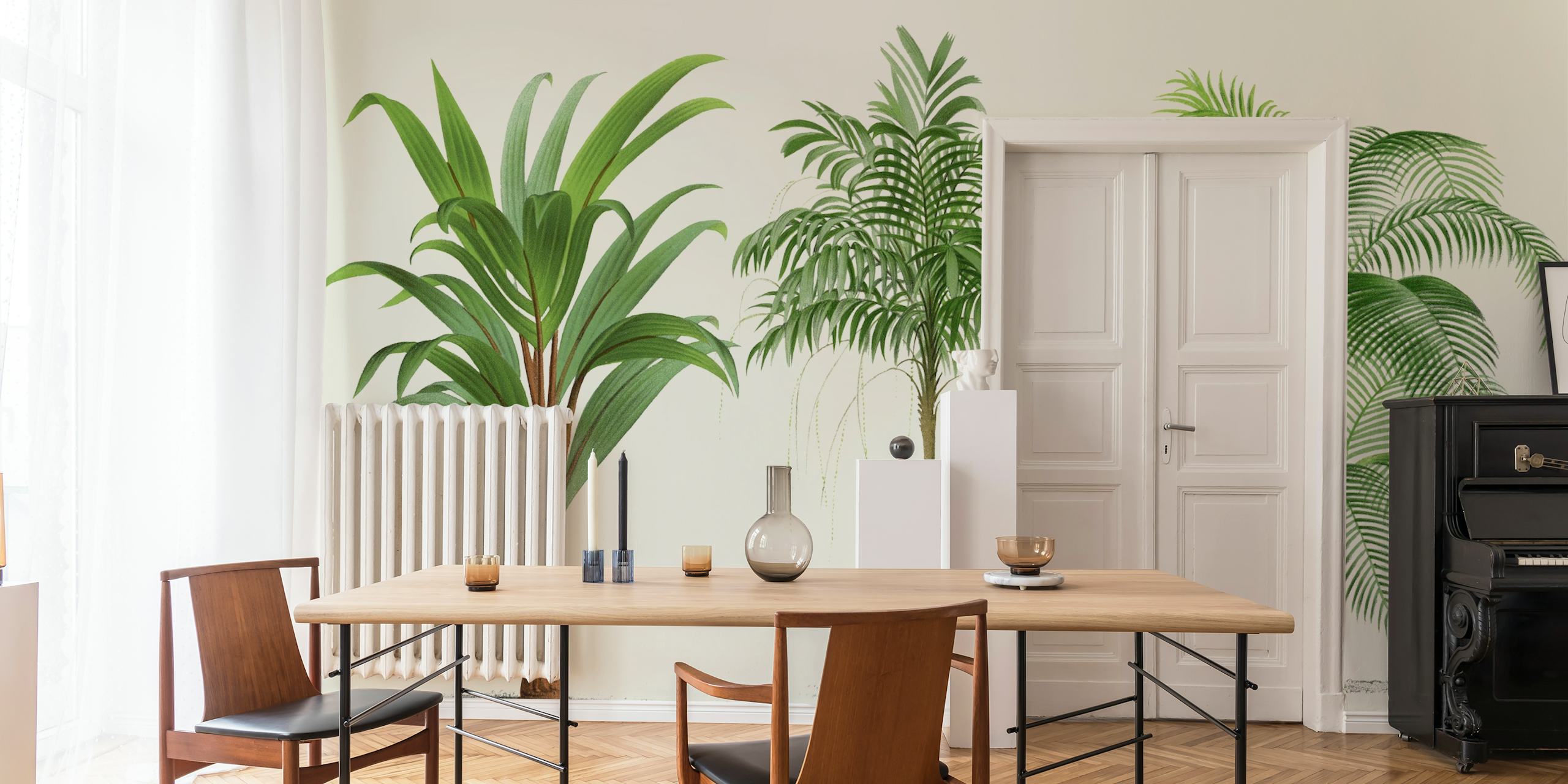 Three tropical palm plants in green shades wallpaper