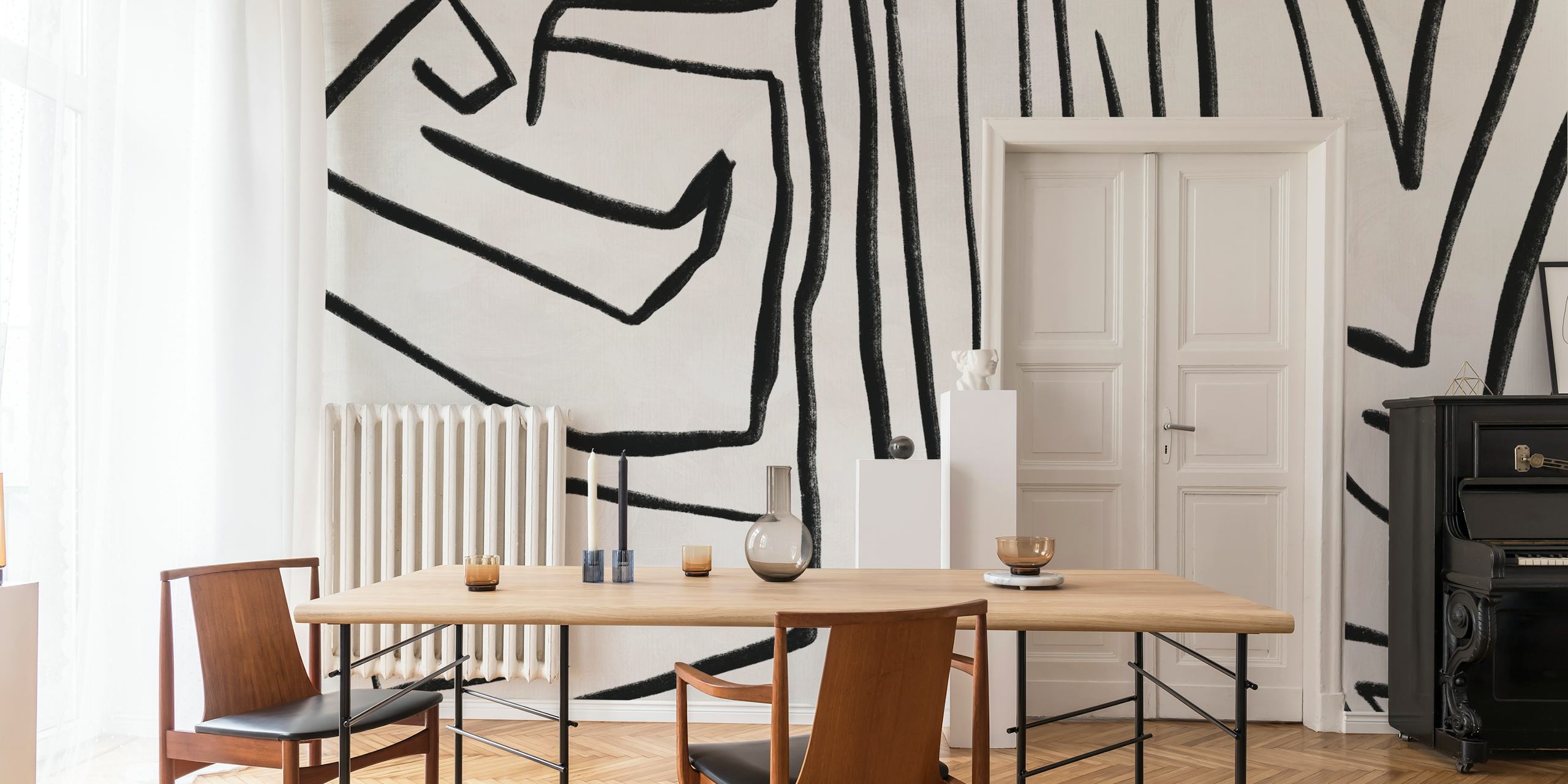 Abstrakt veggmaleri med svarte og hvite linjer, Modern Improvisation 02