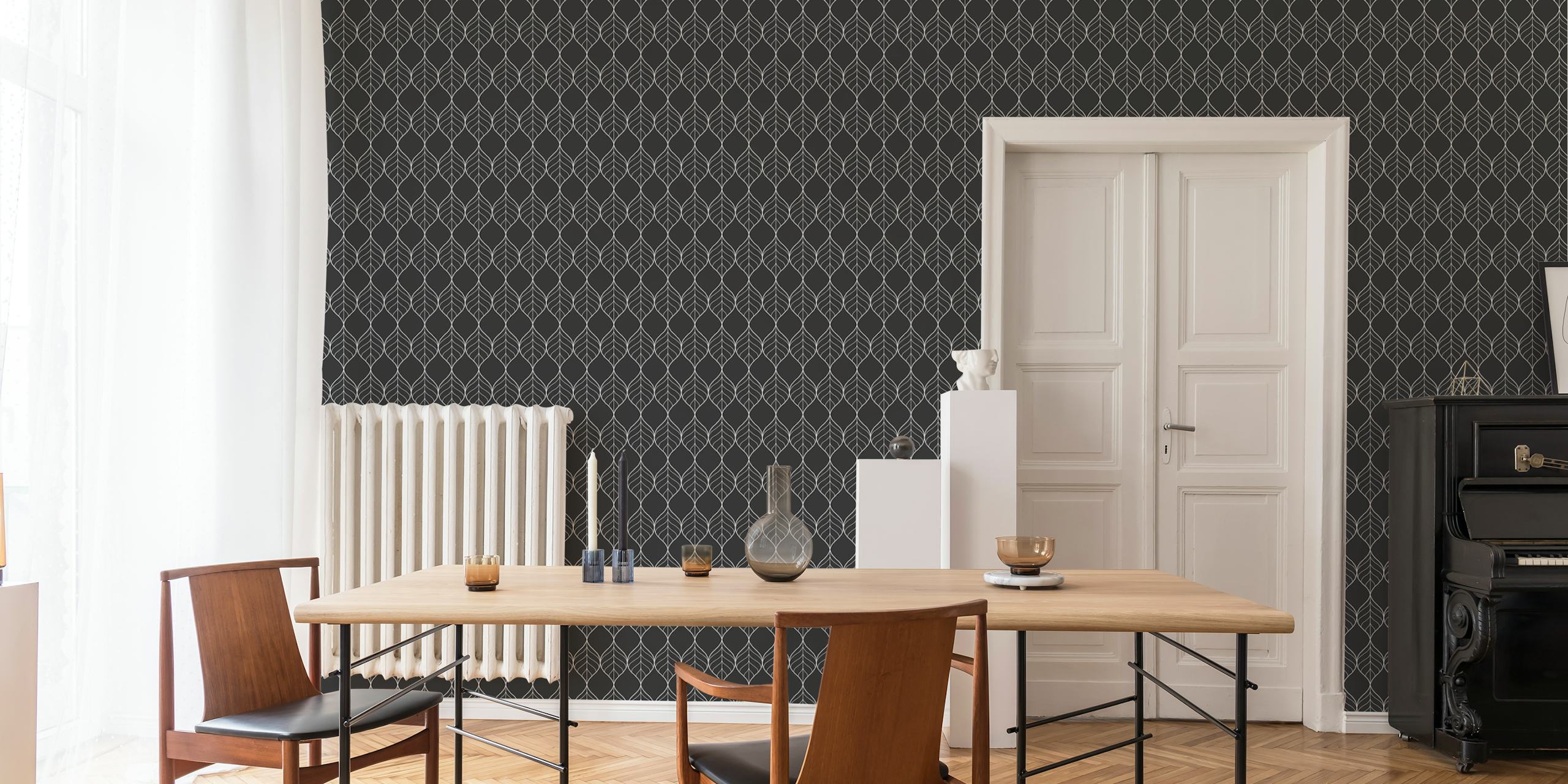 Black geometric pattern with white outlines art deco wallpaper