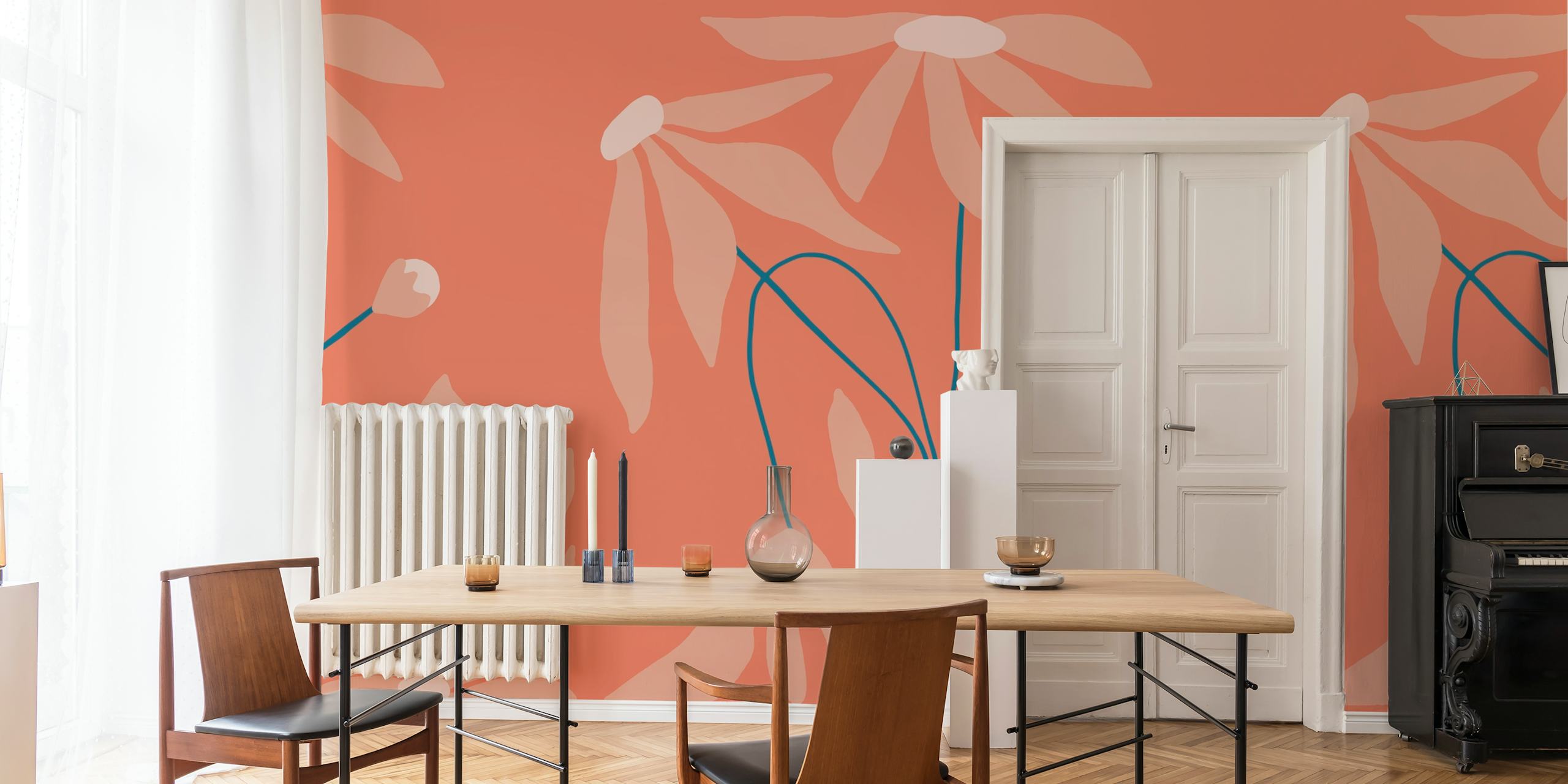 Large mid century floral pattern with earthy tones and a vase wallpaper