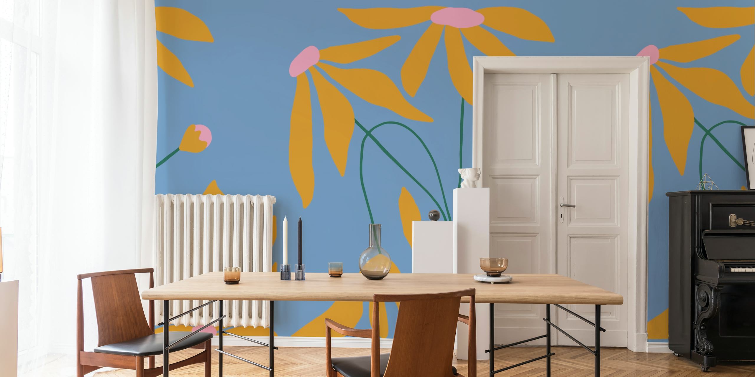 Colorful floral design with yellow petals and pink accents on blue wallpaper