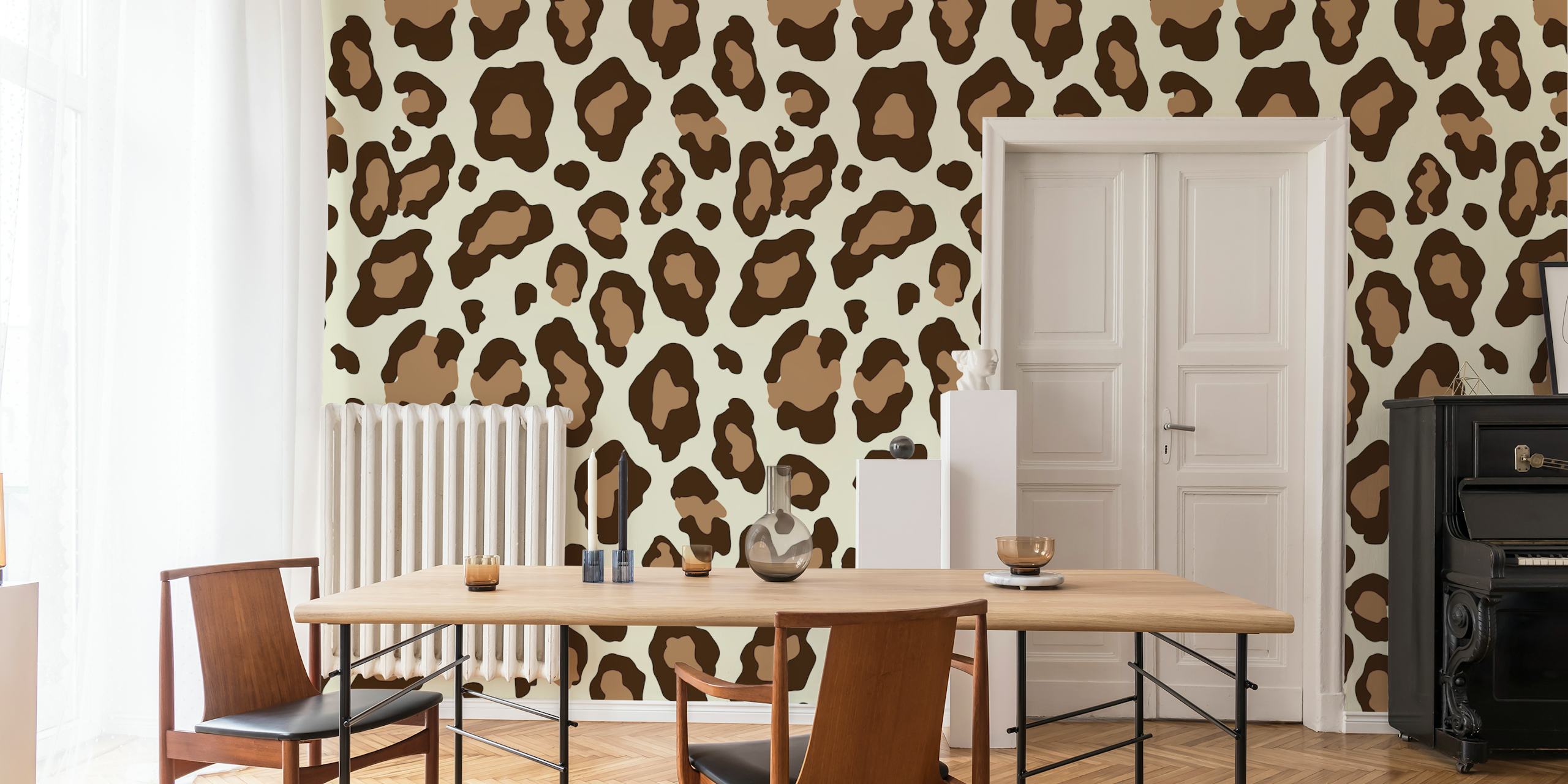 Leopard print pattern in shades of brown on cream wallpaper