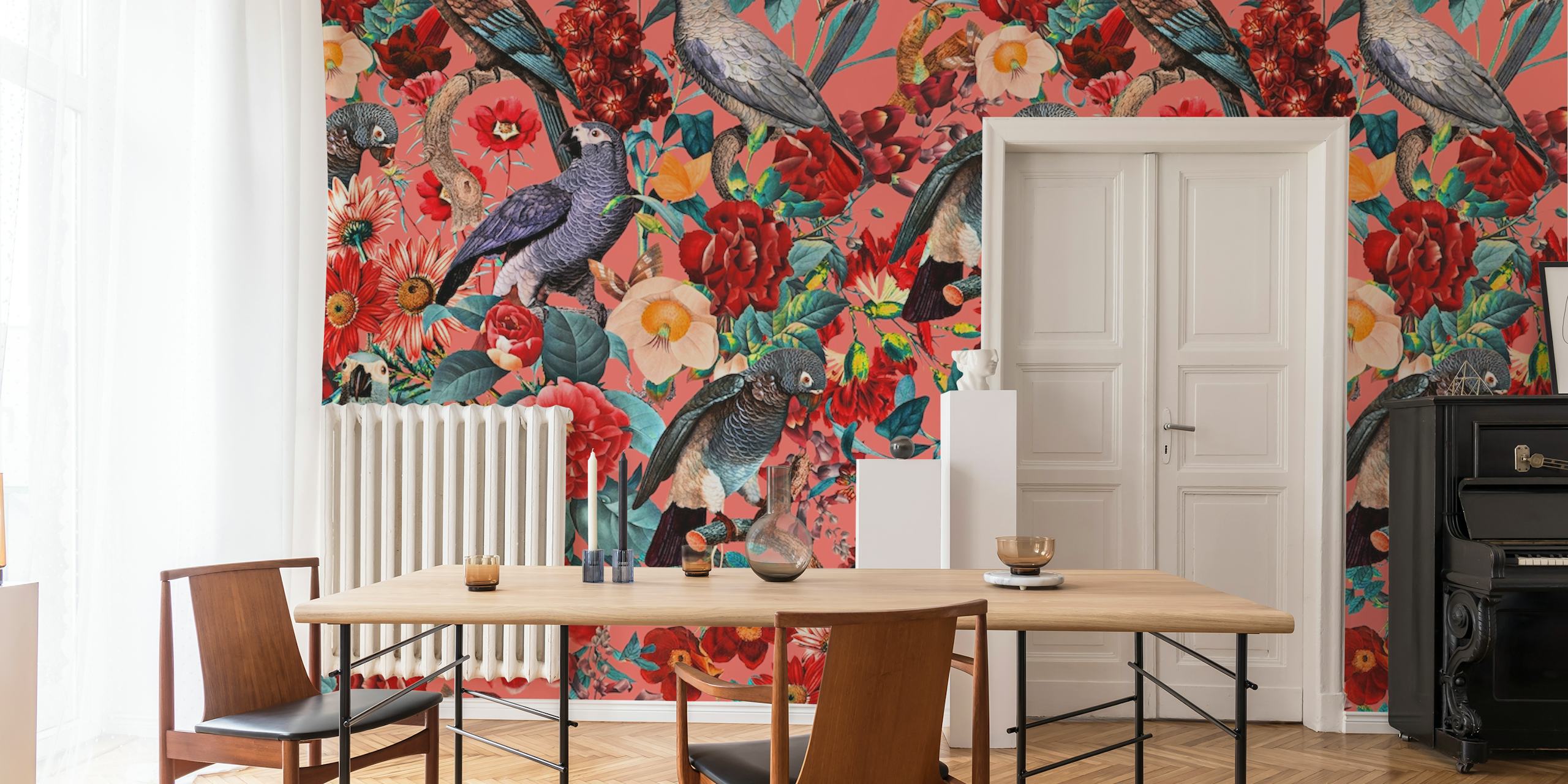 Livlig tapet med blommor och fåglar med en blandning av färger och arter i en livlig design