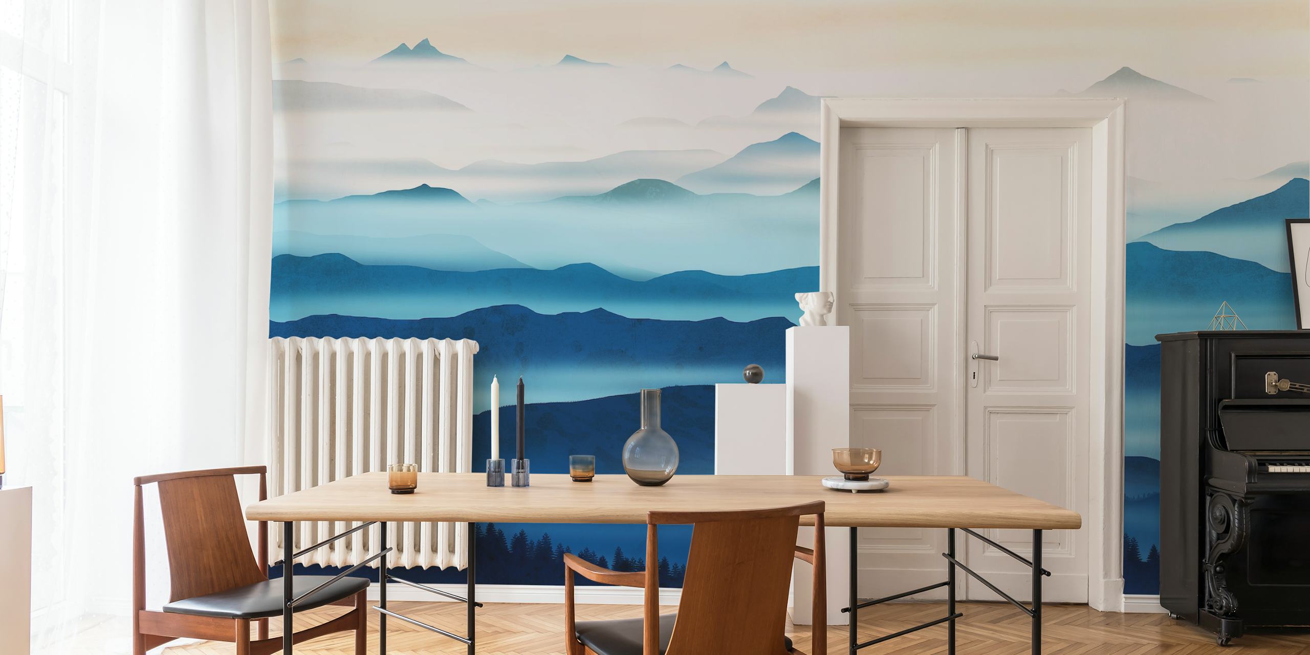 Blue mountain landscape with misty layers and soft gradients wallpaper