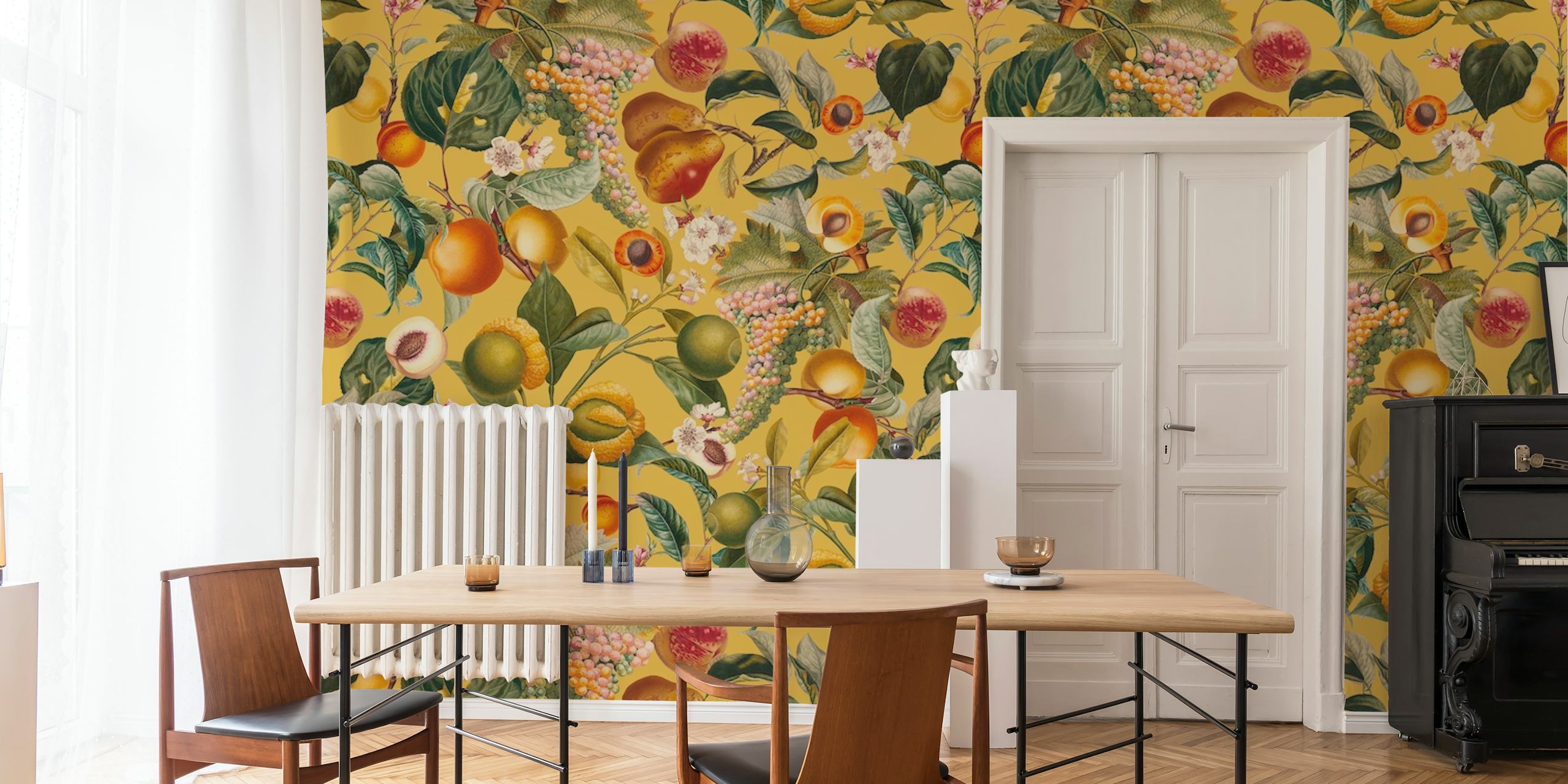 Colorful vintage fruit pattern wallpaper with yellow background