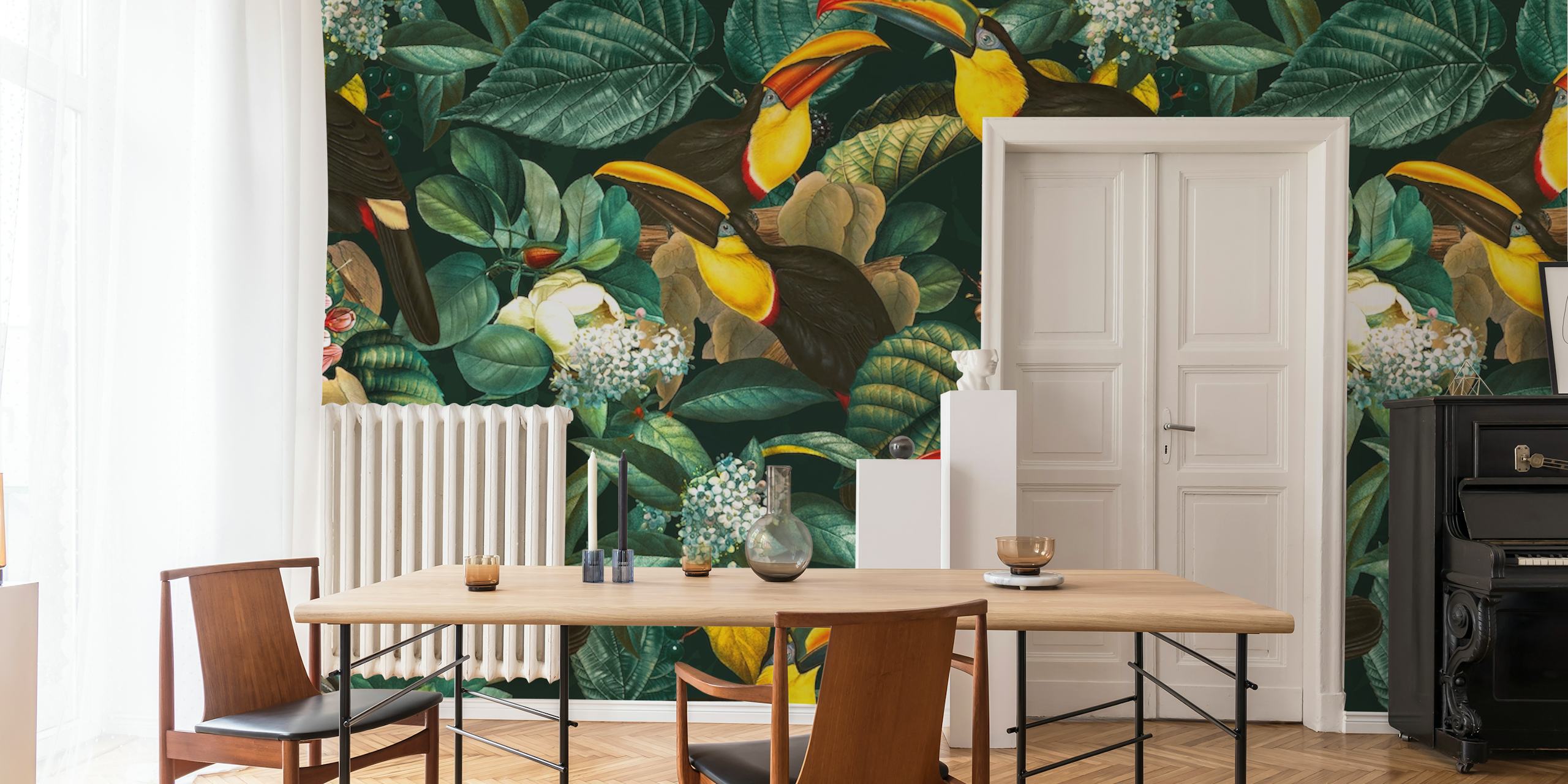 Colorful birds and floral patterns on dark green background wallpaper