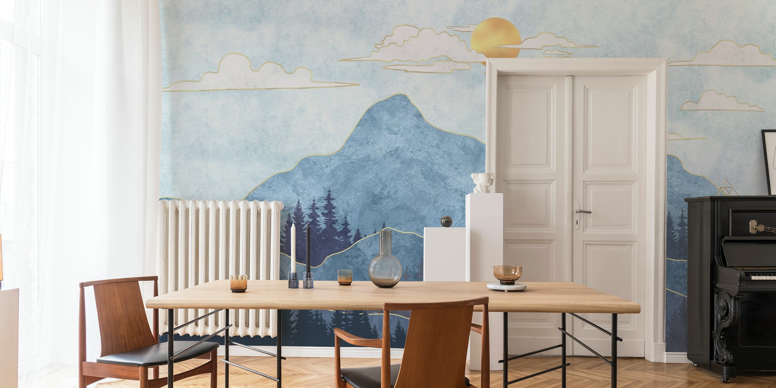 Mountain silhouettes and sun with blue tones wallpaper