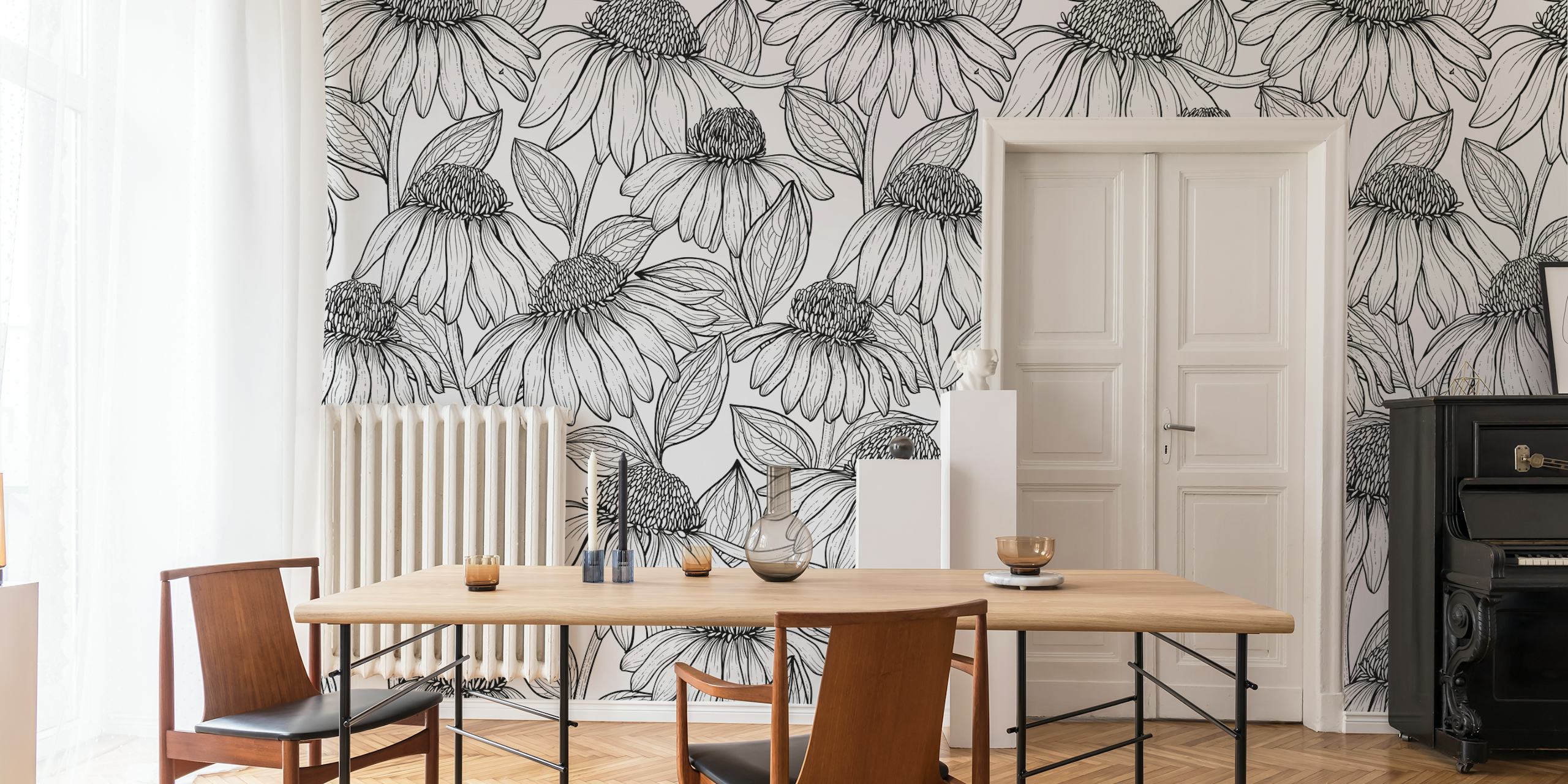 Coneflowers u crno-bijelom tapetu u sobi