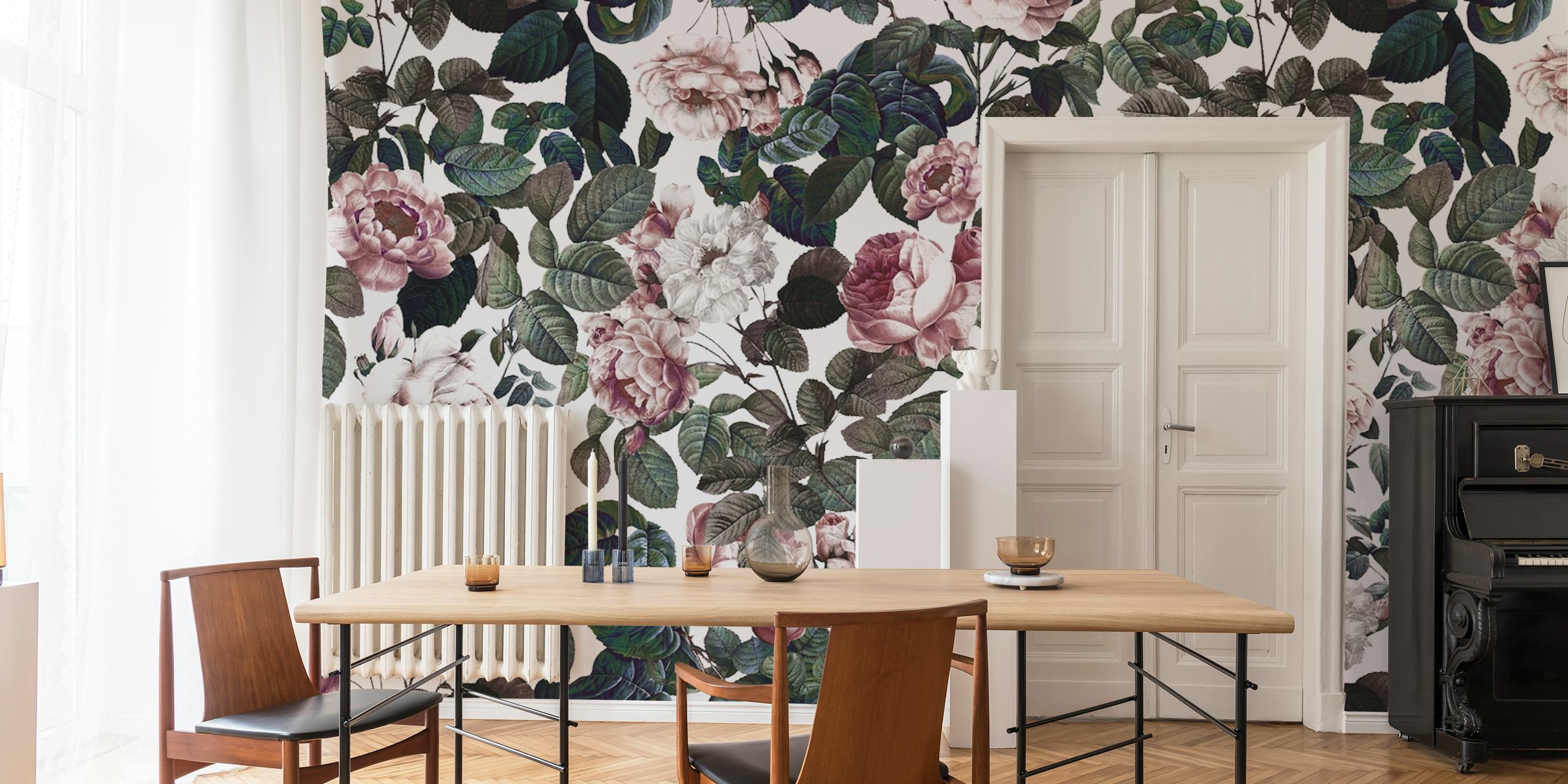 Vintage floral garden design in pink, white, and green wallpaper