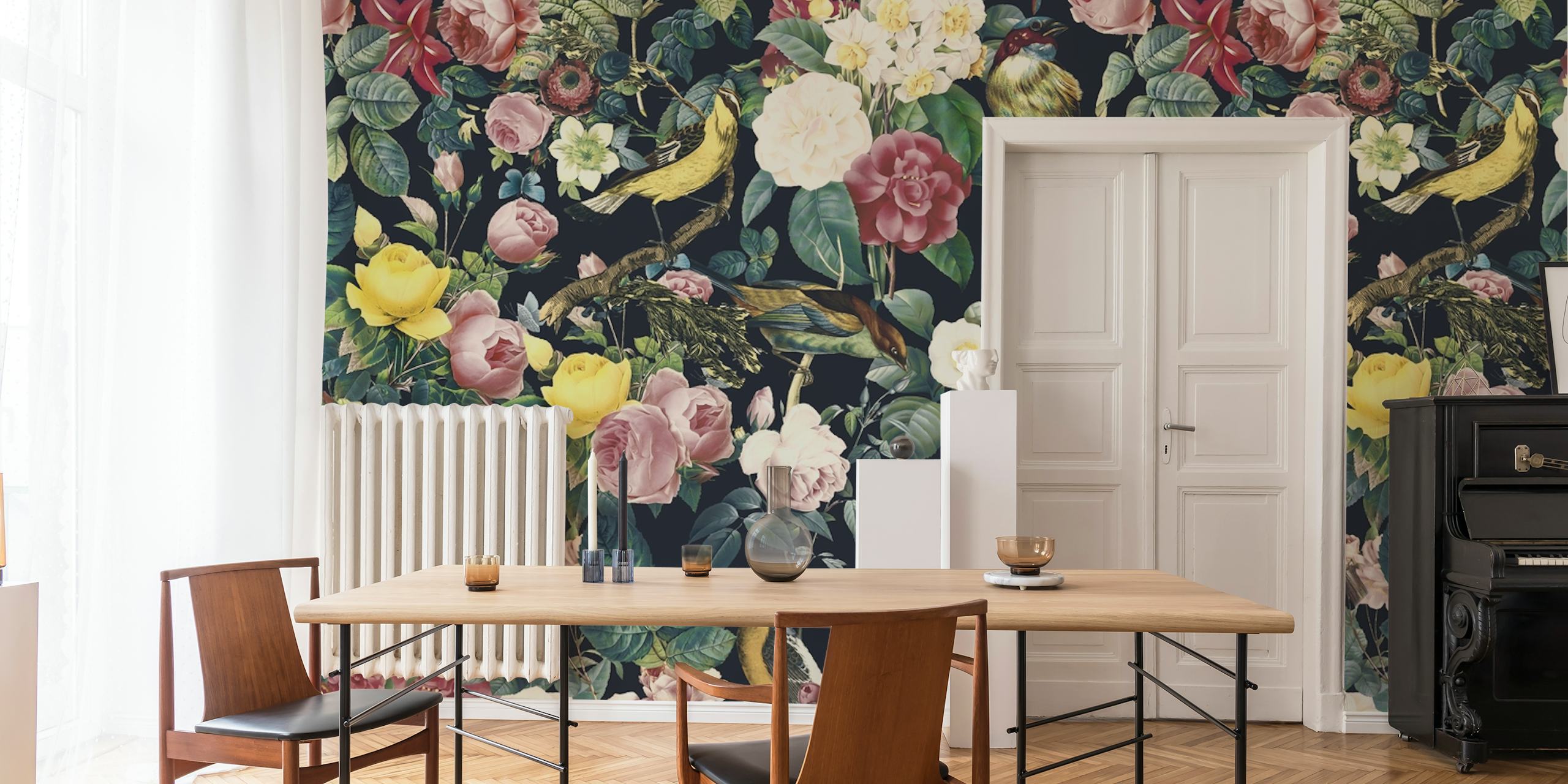 Floral and birds wallpaper displayed in a room
