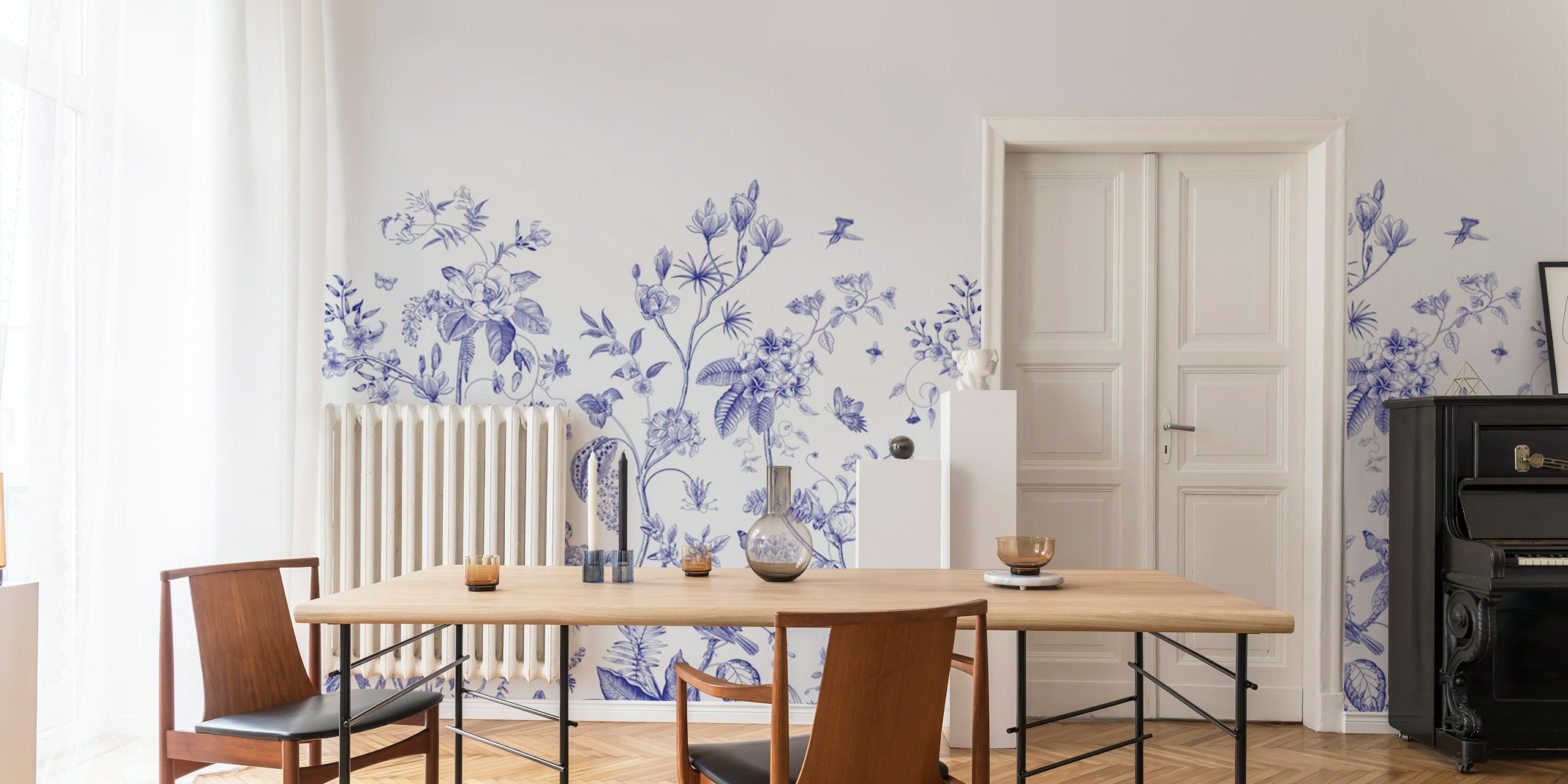 Elementi di design orientale e botanico nella carta da parati removibile Blue Chinoiserie