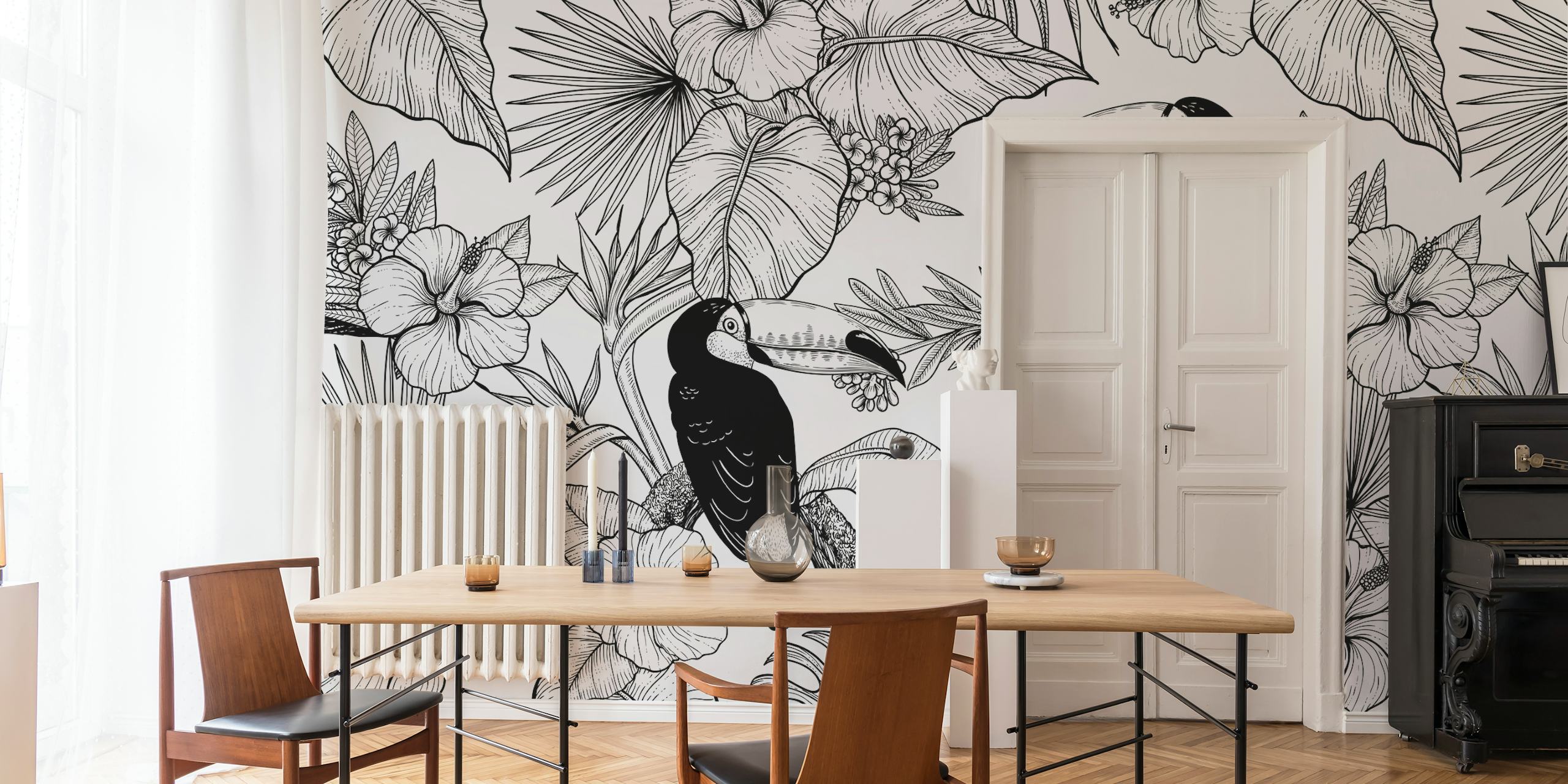 Toucan and tropical flowers in black and white wallpaper