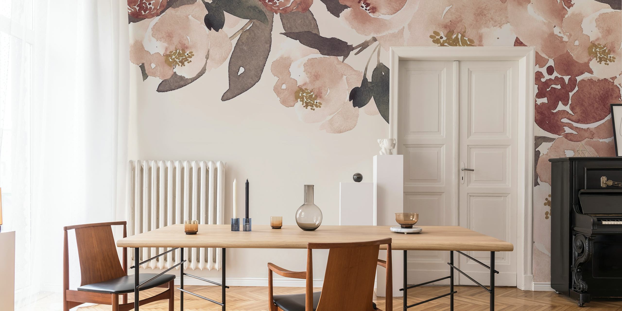 Soft pink floral motifs with green leaves on beige wallpaper