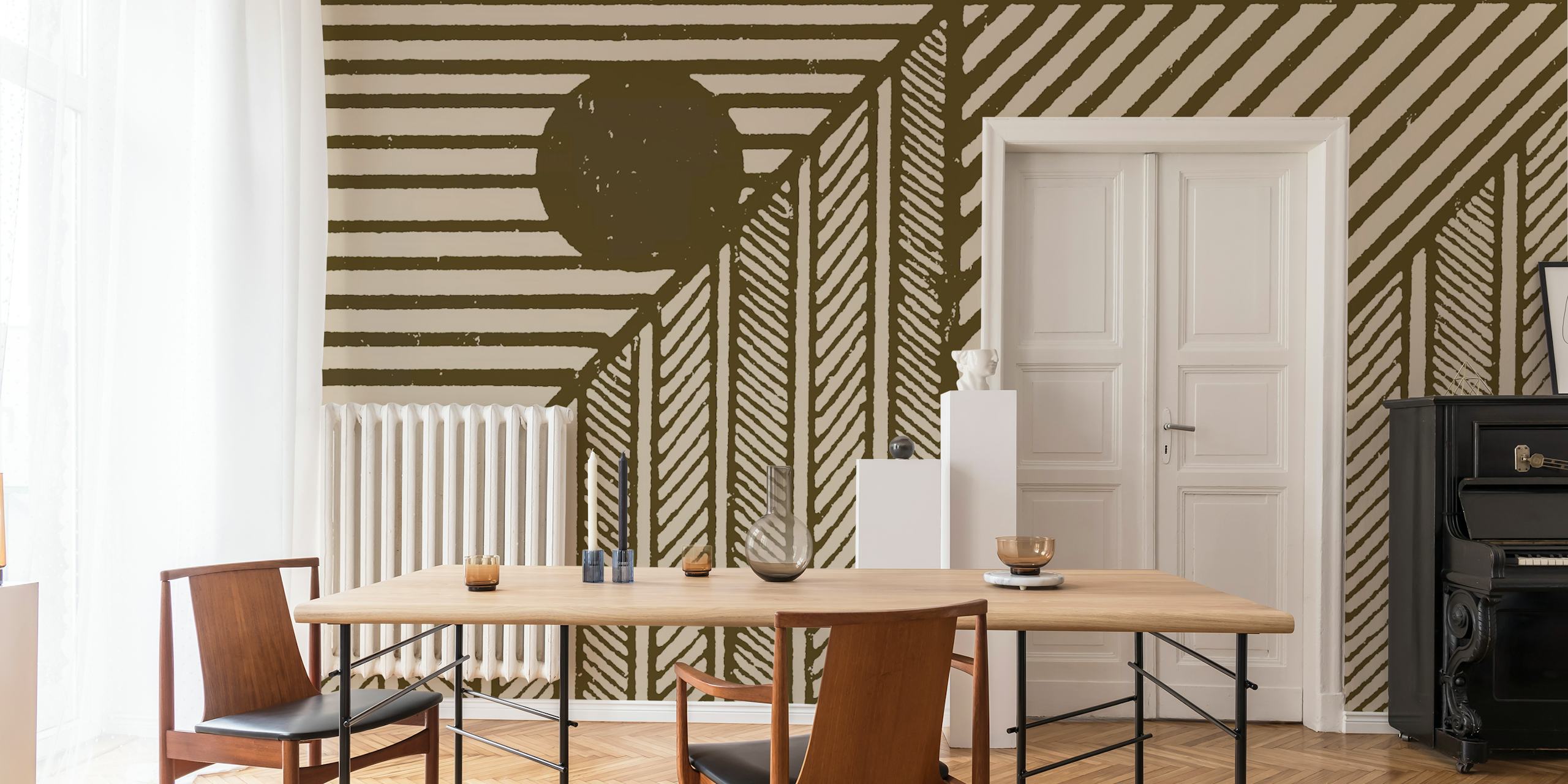 Geometric patterns in earthy tones featuring stripes and dots. Brown and beige wallpaper design.