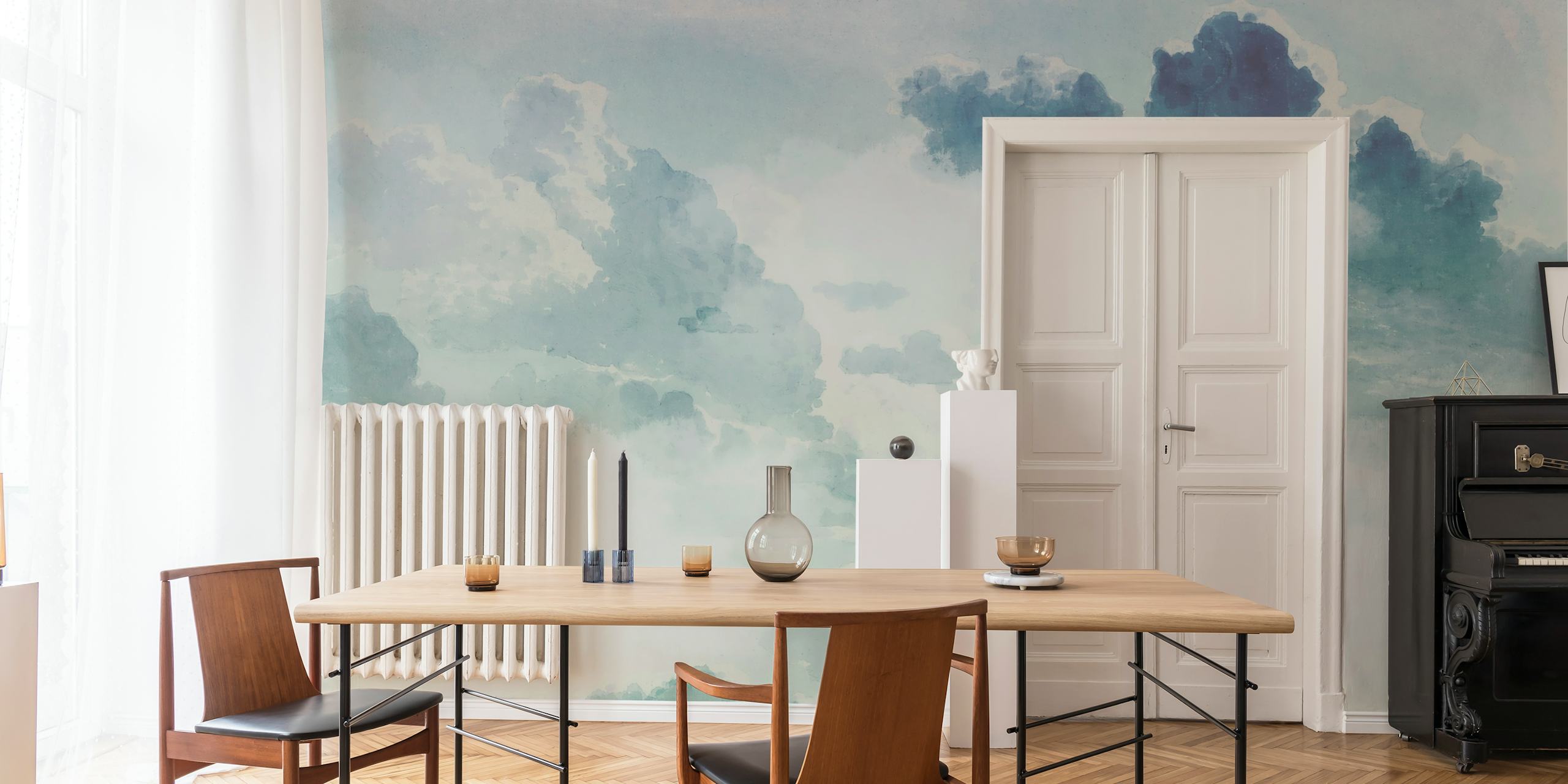 Pastel teal clouds wallpaper in a room