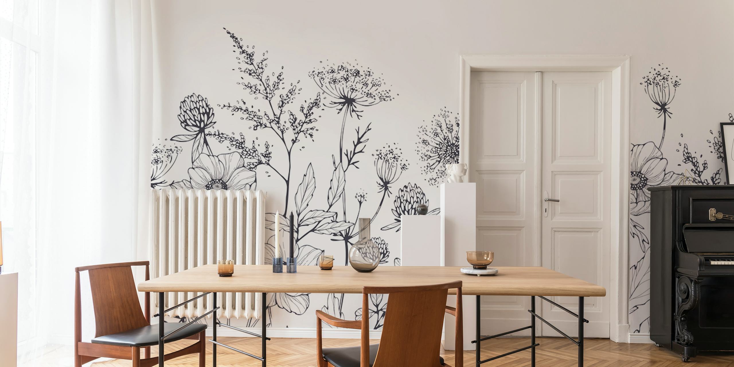 Black and white floral illustration wallpaper featuring detailed blooming flowers and leaves.