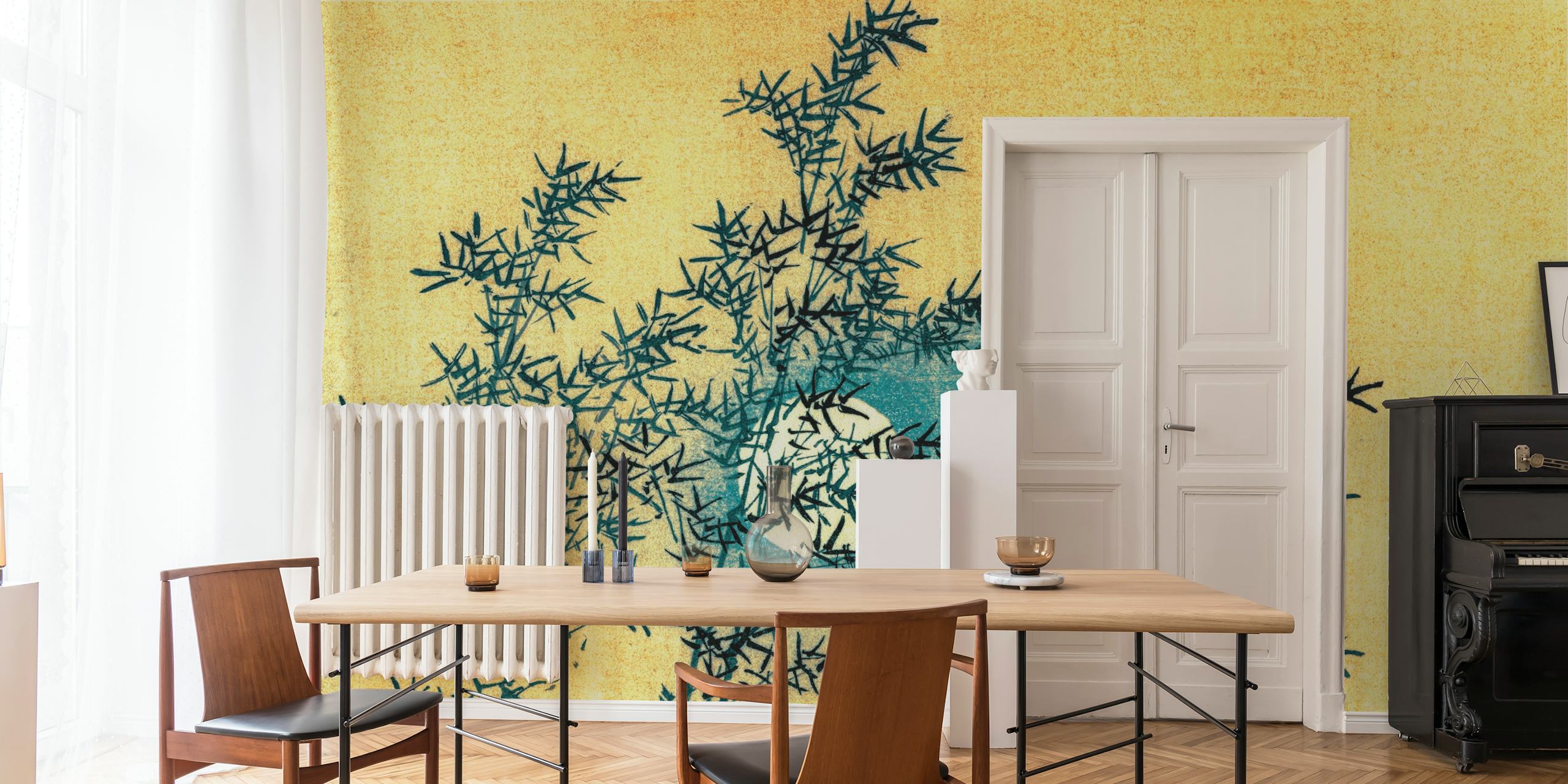 Black bamboo silhouettes against golden background wall mural