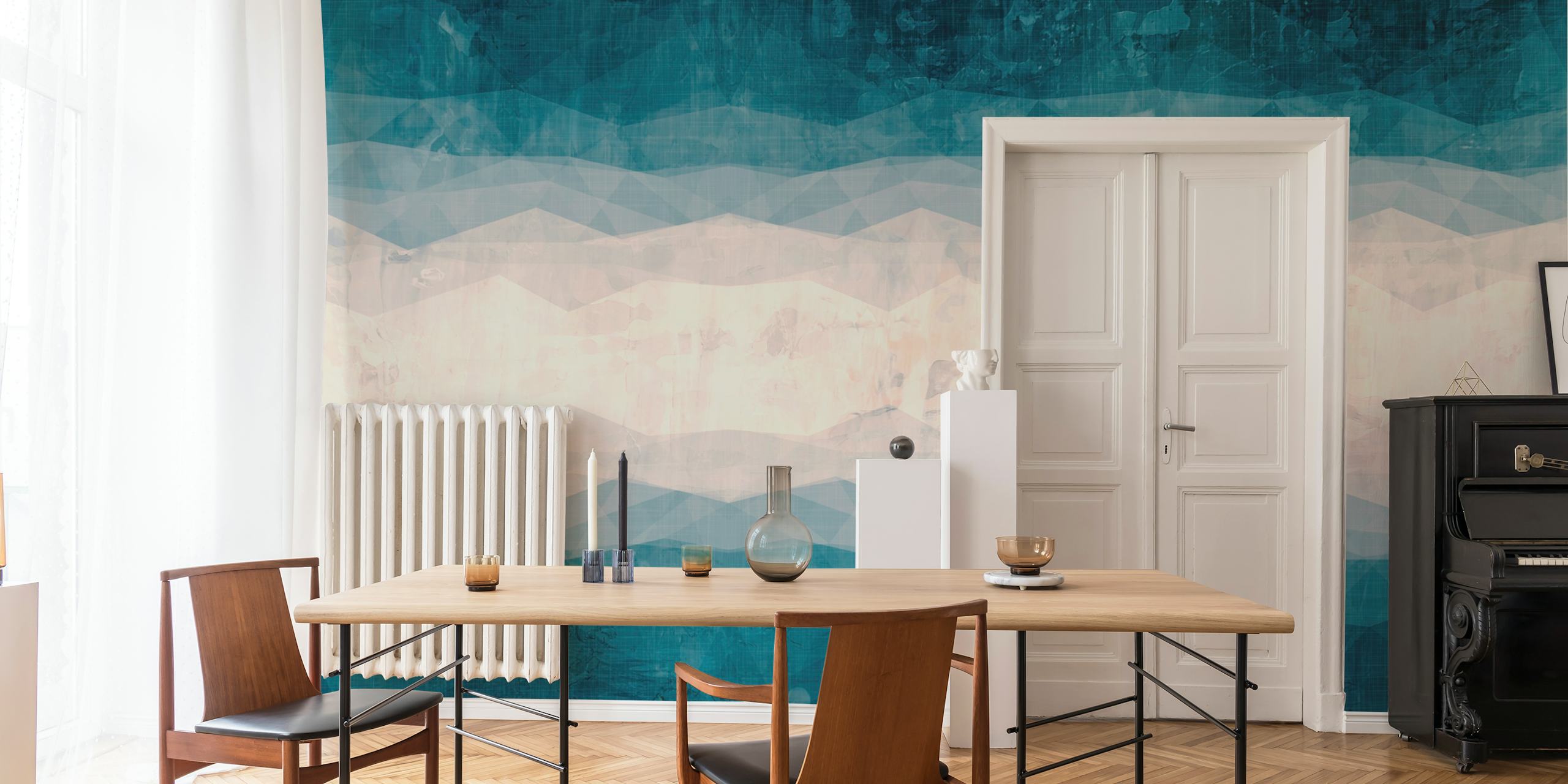 Teal Geometric Grunge Wall em um quarto
