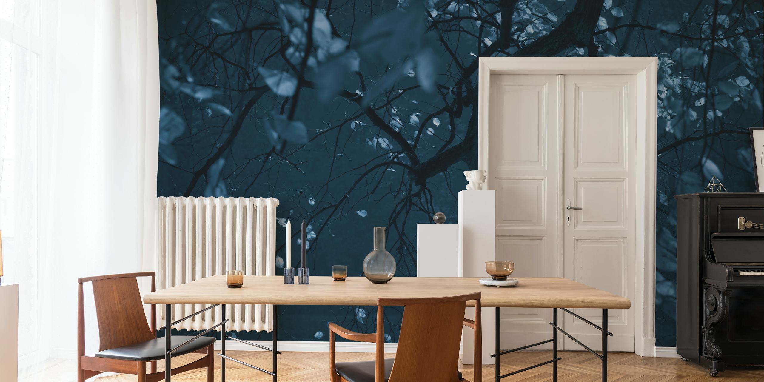 Dark branches with light leaves in blue tones wallpaper