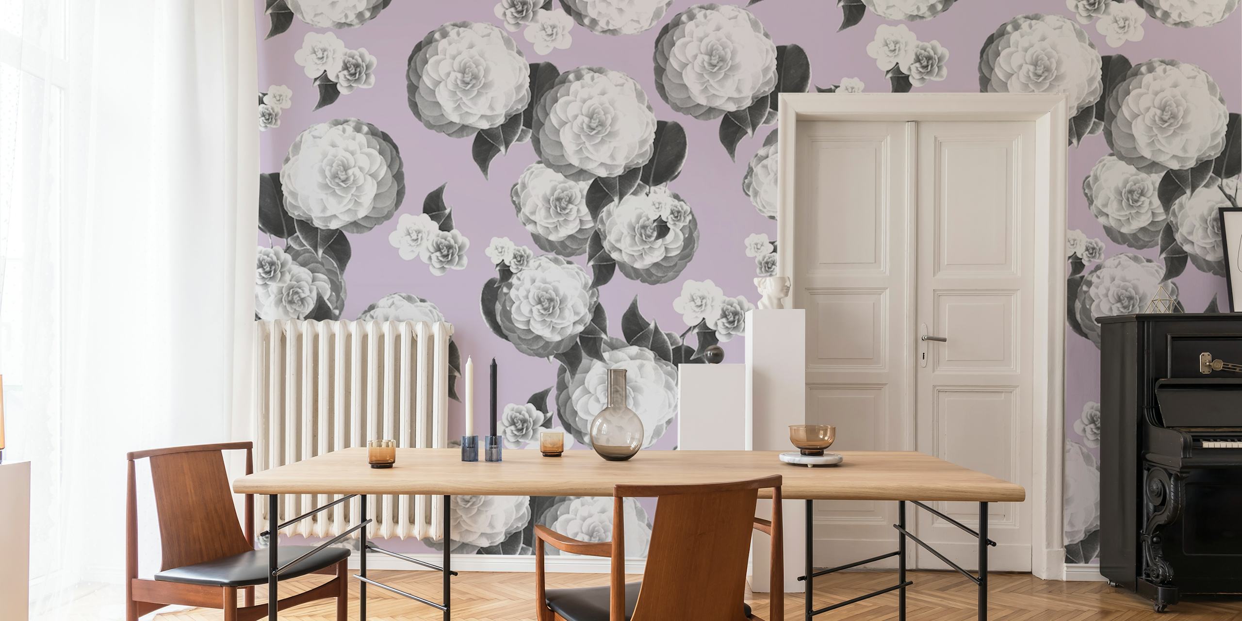 Spring Floral Dream 9 seinämaalaus, jossa kukkivat kukat lila taustalla